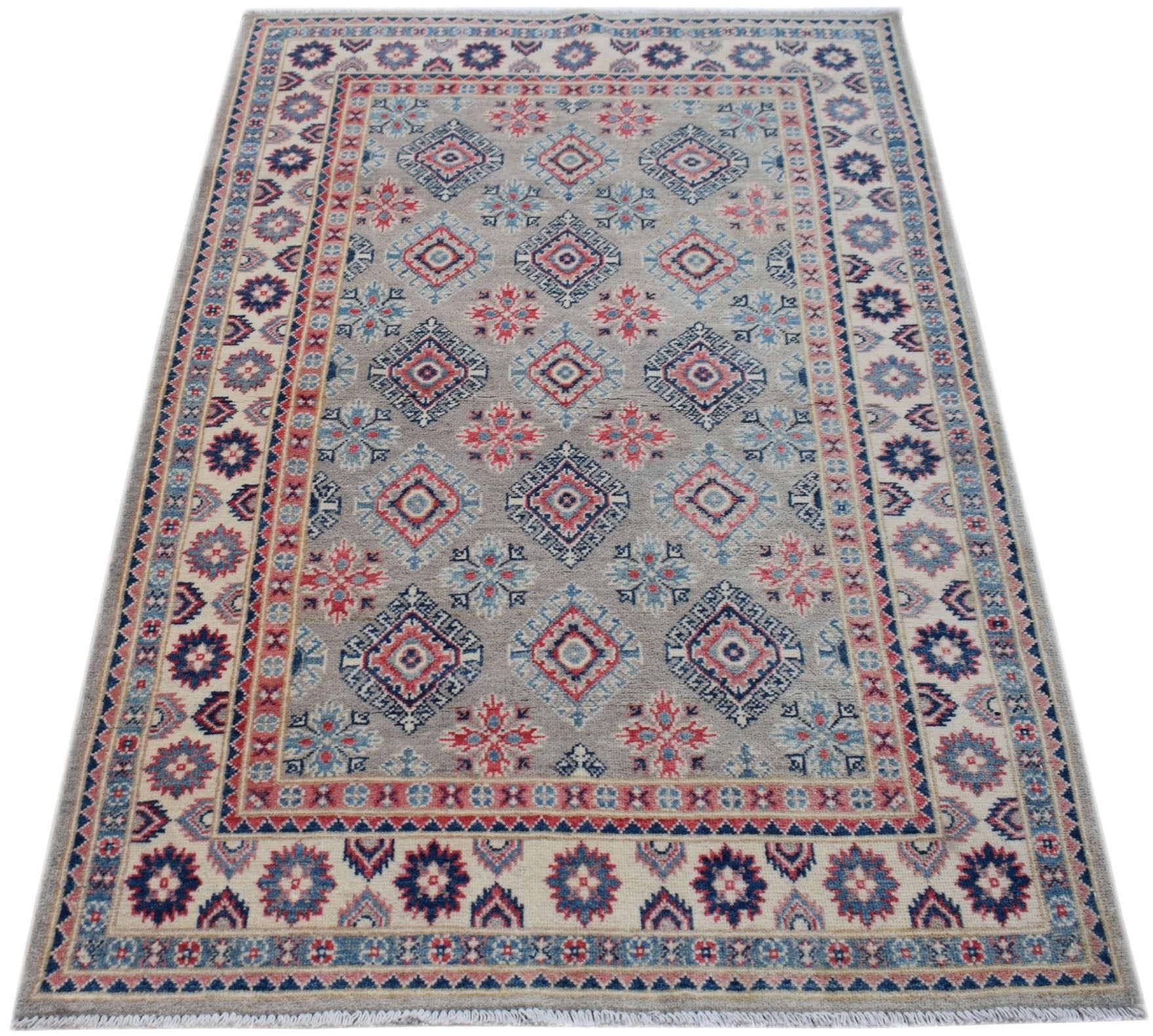 Handmade Afghan Kazakh rug featuring a grey field with traditional red and blue geometric motifs.