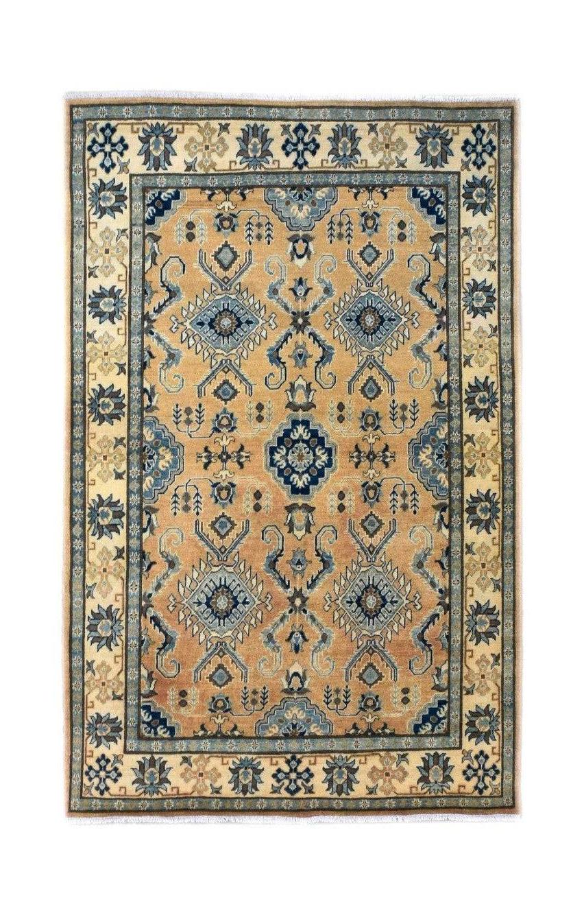 Handmade Afghan Kazakh rug featuring a geometric pattern in shades of beige, blue, and grey.