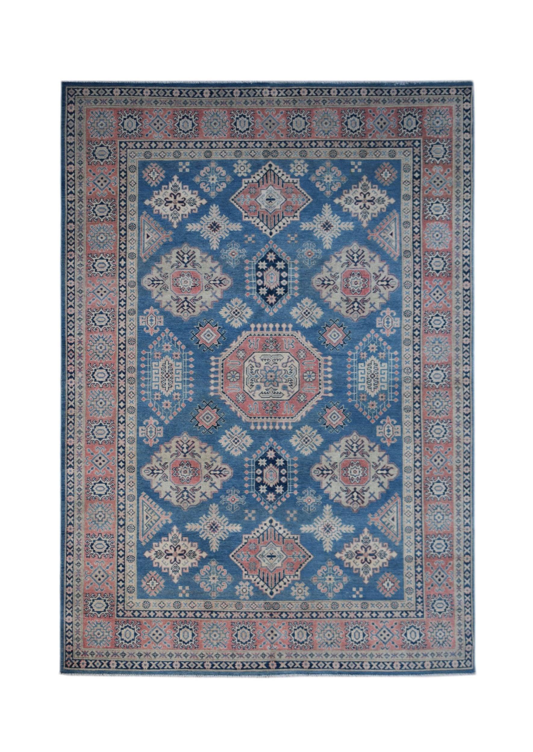 Handmade Afghan Kazakh rug featuring traditional geometric motifs in blue, pink, and cream tones.