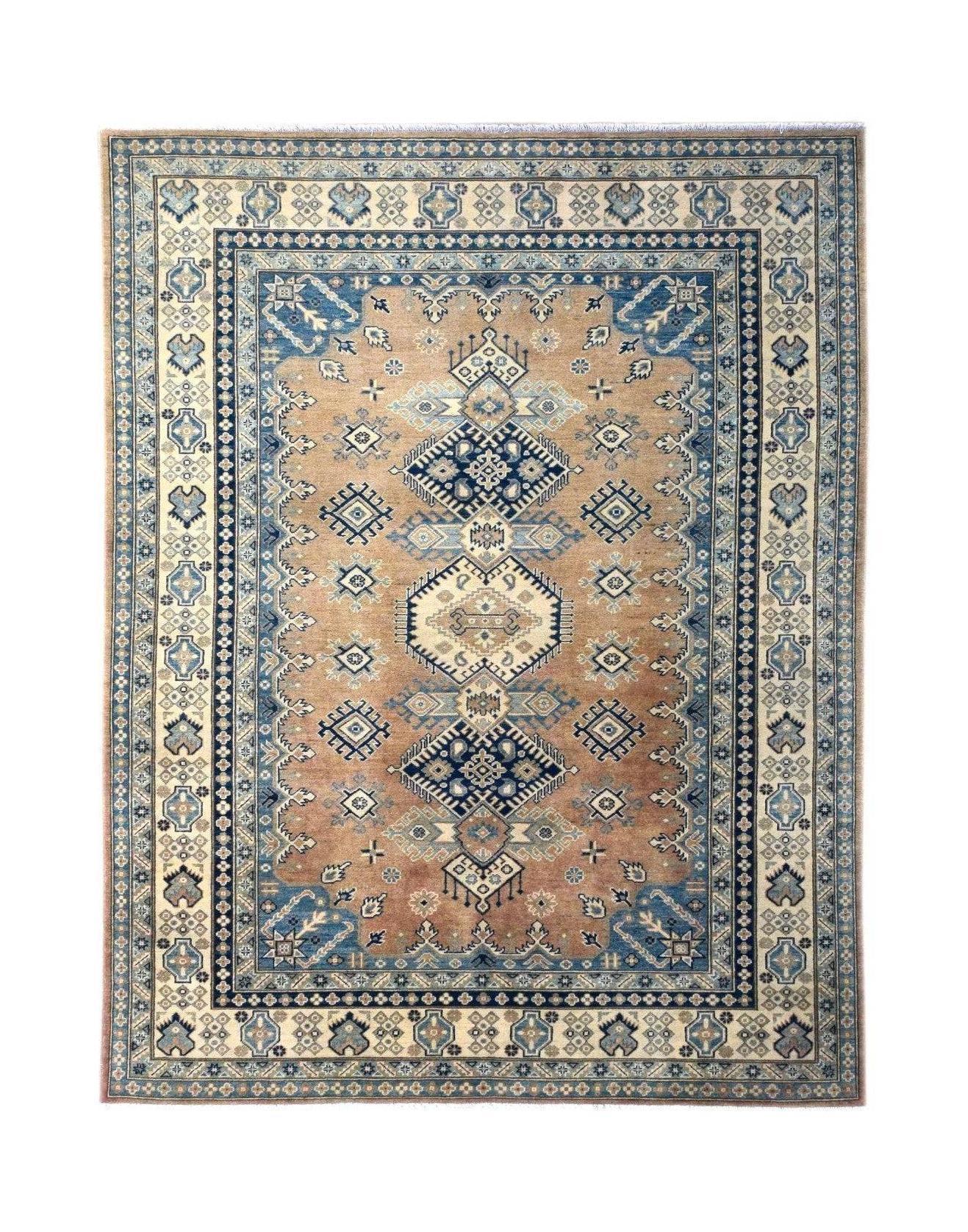 Handmade Afghan Kazakh rug featuring a geometric pattern in shades of beige, blue, and grey.