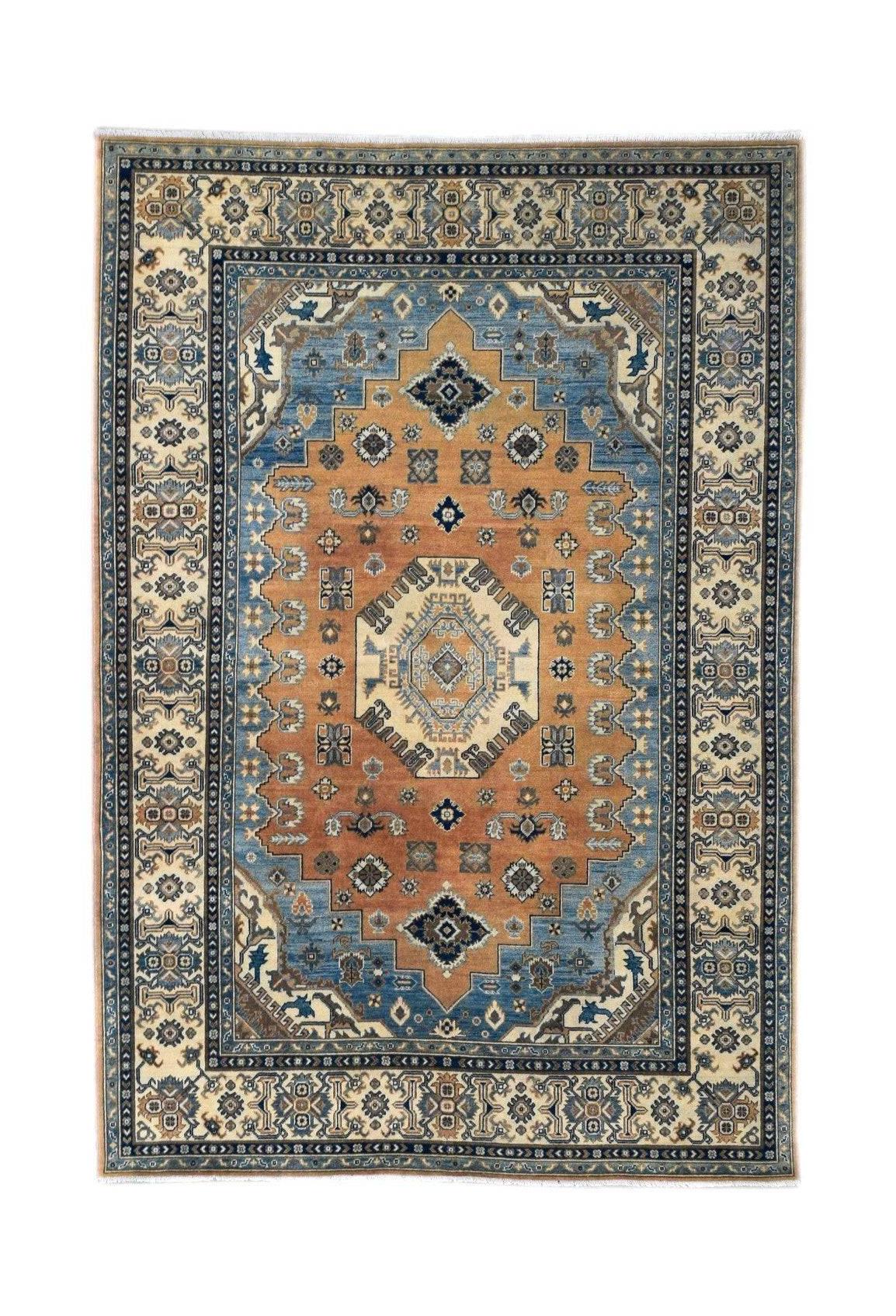 Handmade Afghan Kazakh rug featuring a geometric pattern in shades of orange, blue, and beige.