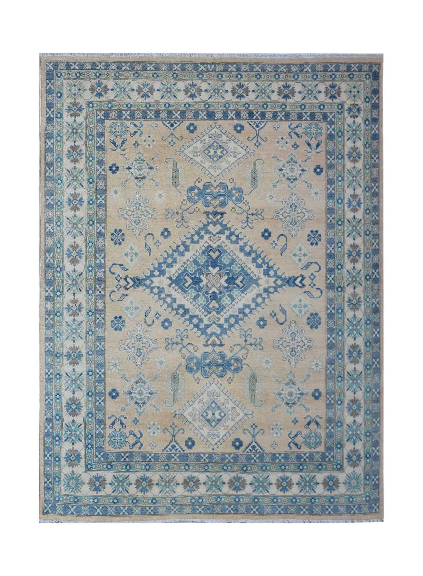 Handmade Afghan Kazakh rug featuring a blue geometric medallion on a beige field.