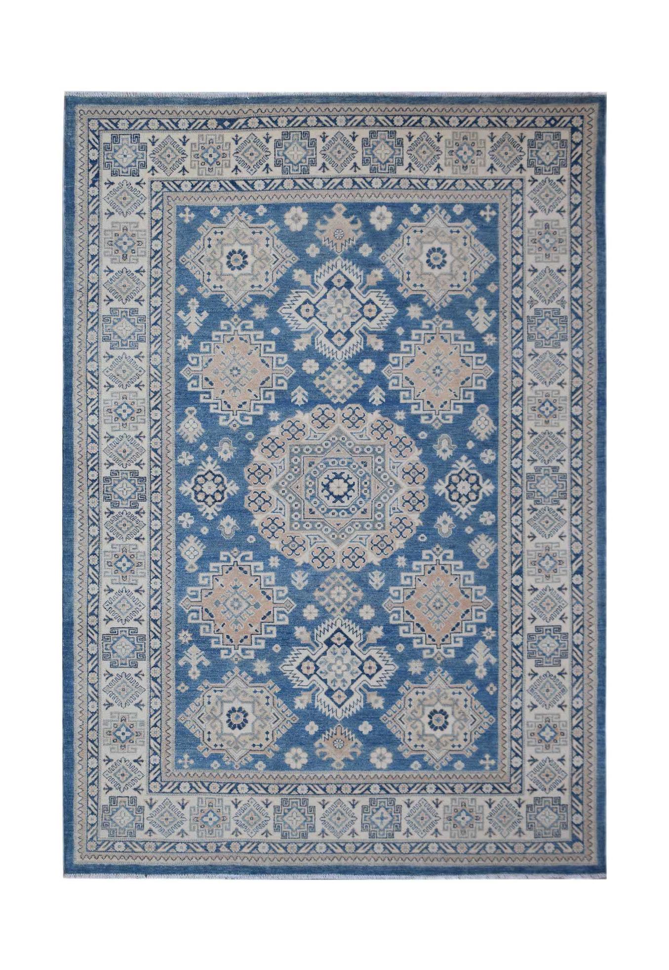 A rectangular Afghan Kazakh rug featuring a geometric pattern in shades of blue and beige.