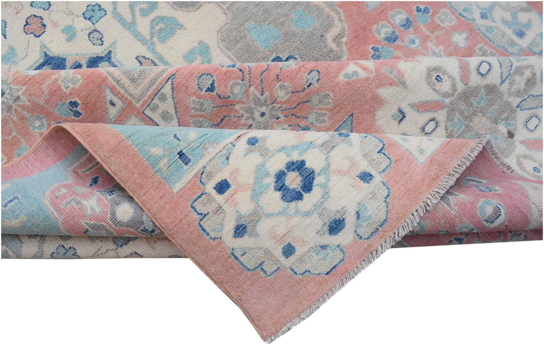 A handmade Afghan Kazakh rug featuring traditional floral motifs in shades of pink, blue, and grey.