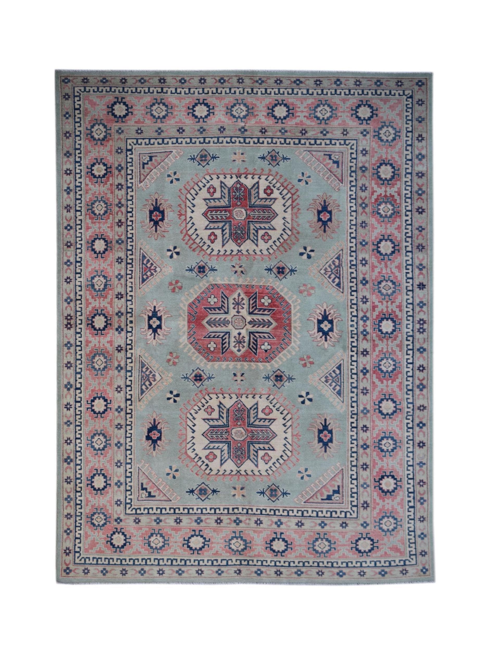 Handmade Afghan Kazakh rug featuring traditional geometric motifs in blue, red, and cream wool.