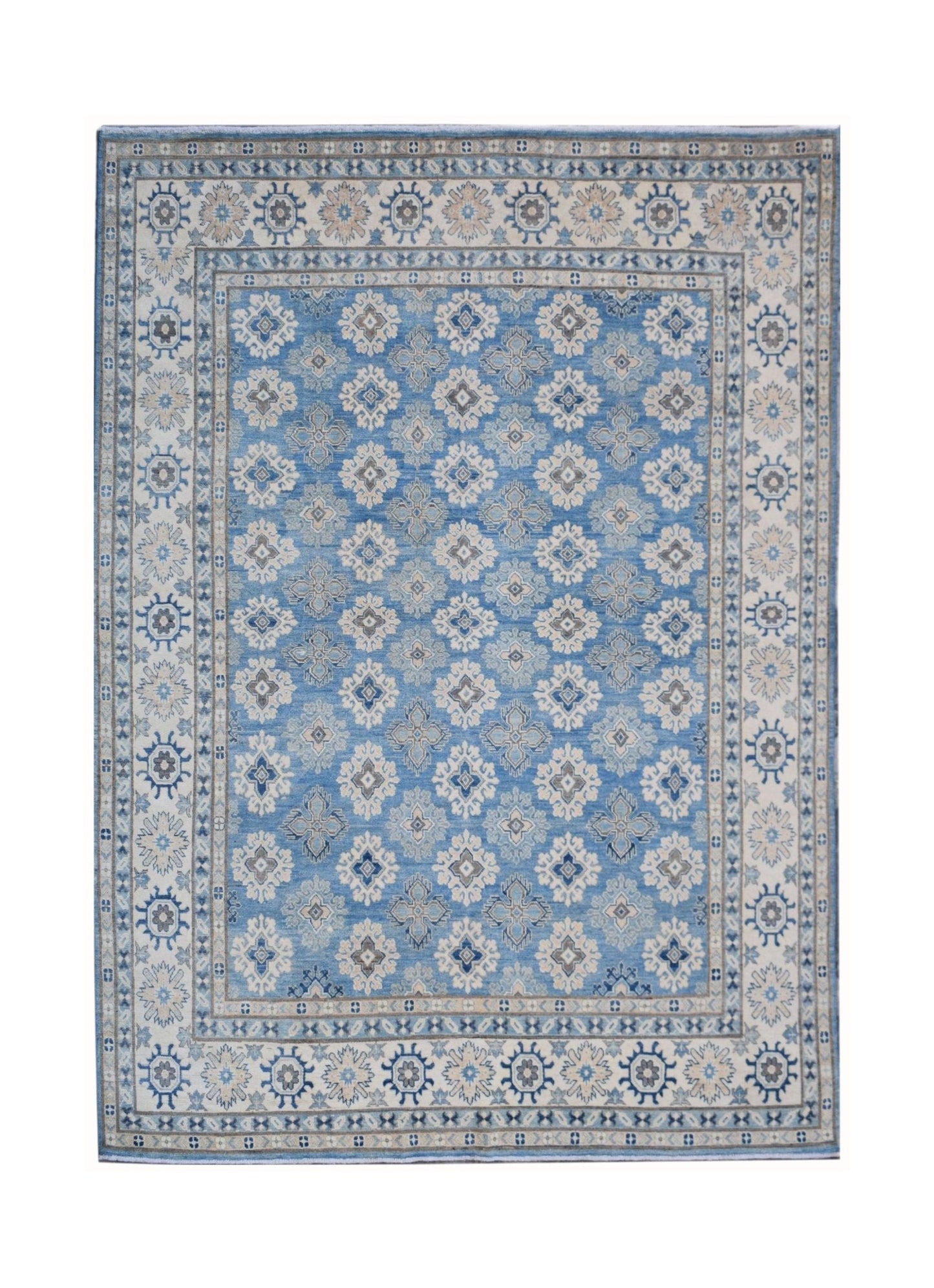 Handmade Afghan Kazakh rug featuring a repeating geometric pattern in shades of blue and beige.