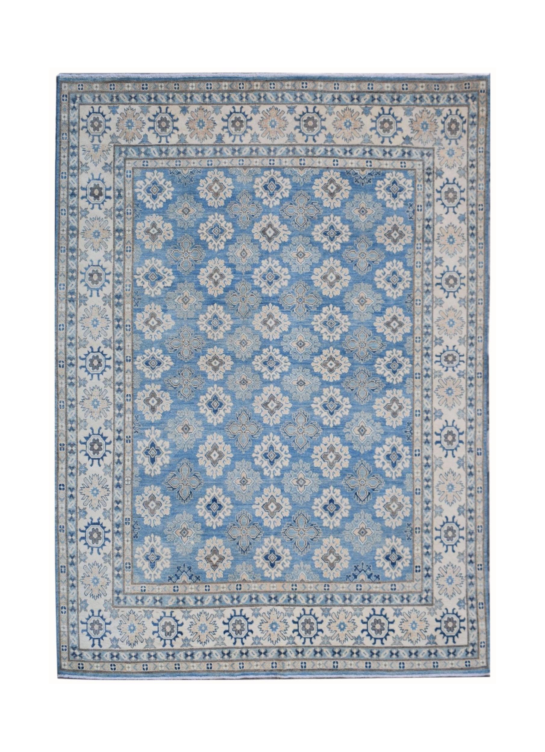 Handmade Afghan Kazakh rug featuring a repeating geometric pattern in shades of blue and beige.