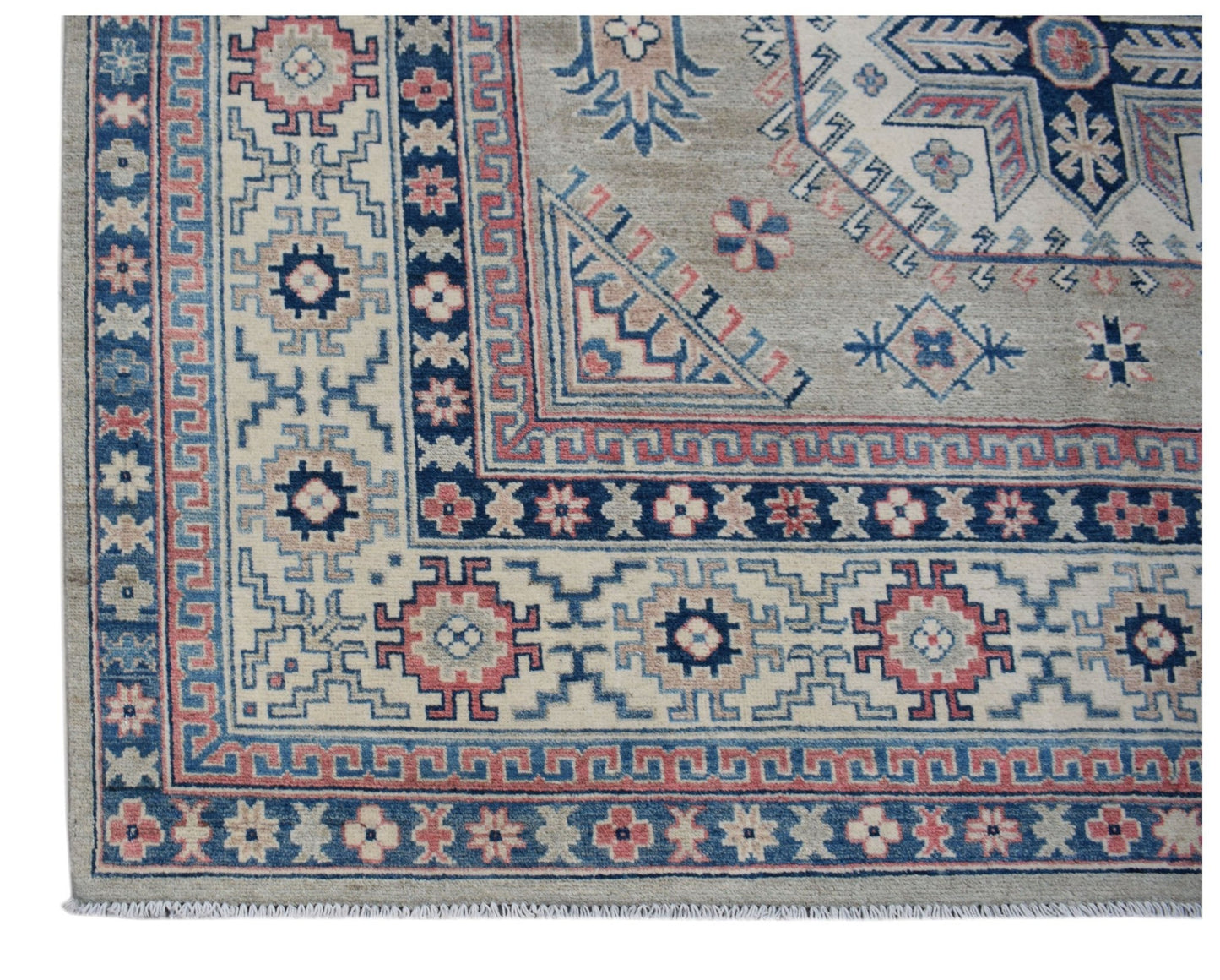 Handmade Afghan Kazakh rug featuring traditional geometric motifs in blue, red, and beige.