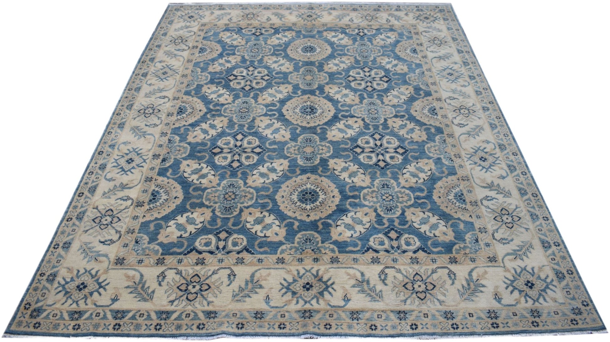 Handmade Afghan Kazakh rug featuring a traditional blue and beige floral medallion pattern.