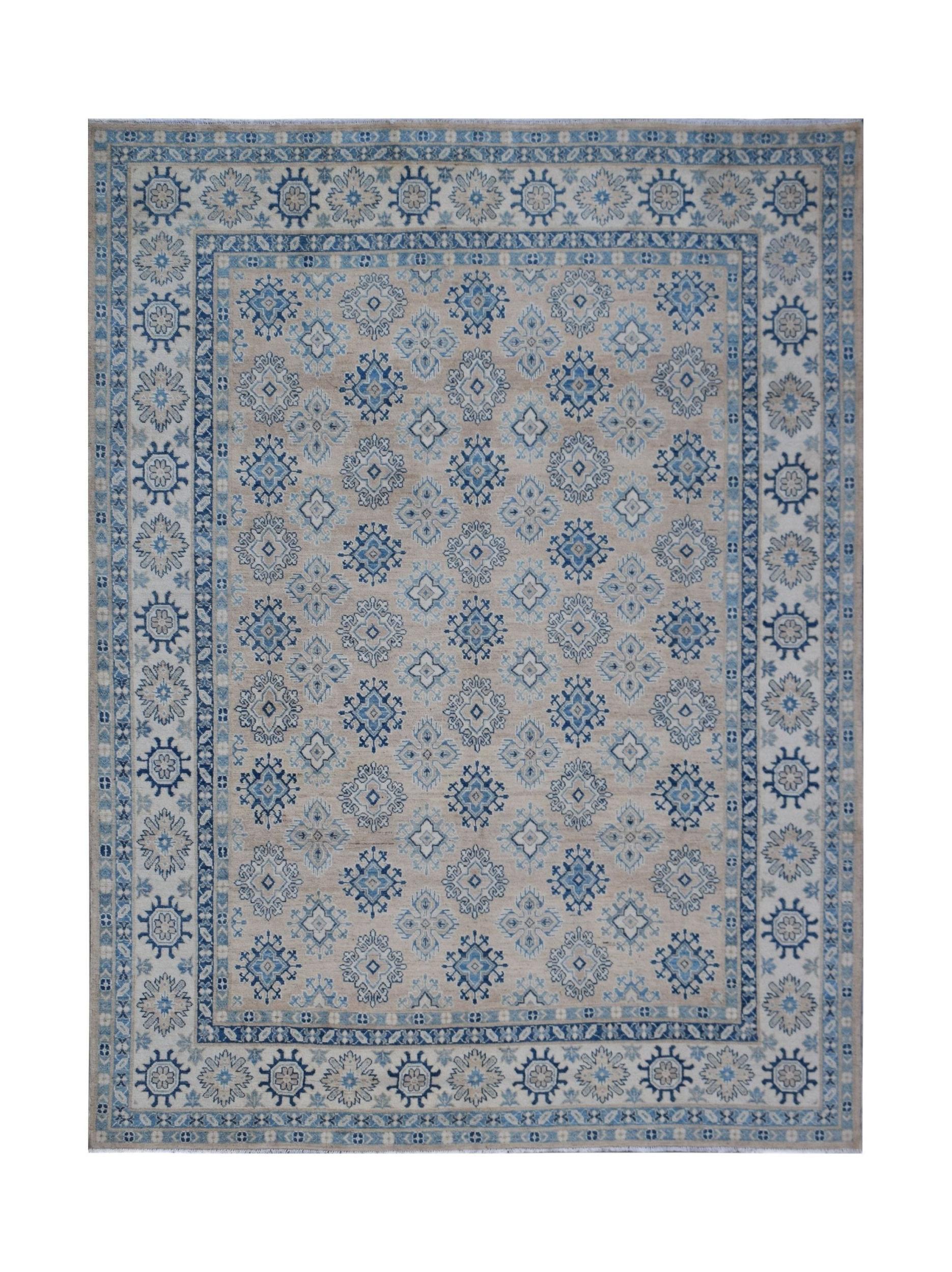 Handmade Afghan Kazakh rug featuring a repeating blue geometric pattern on a beige background.