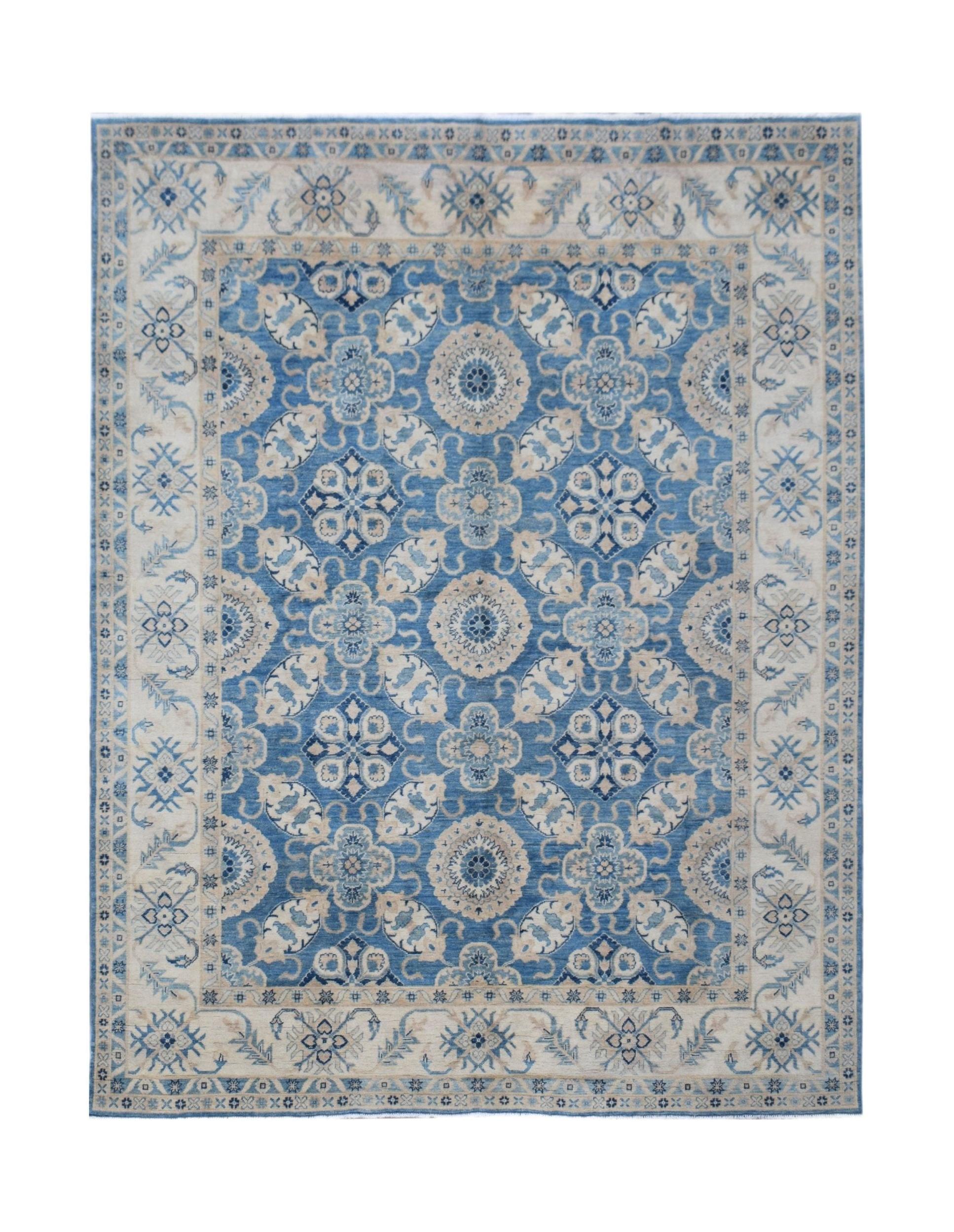 Handmade Afghan Kazakh rug featuring a traditional blue and cream floral geometric pattern.