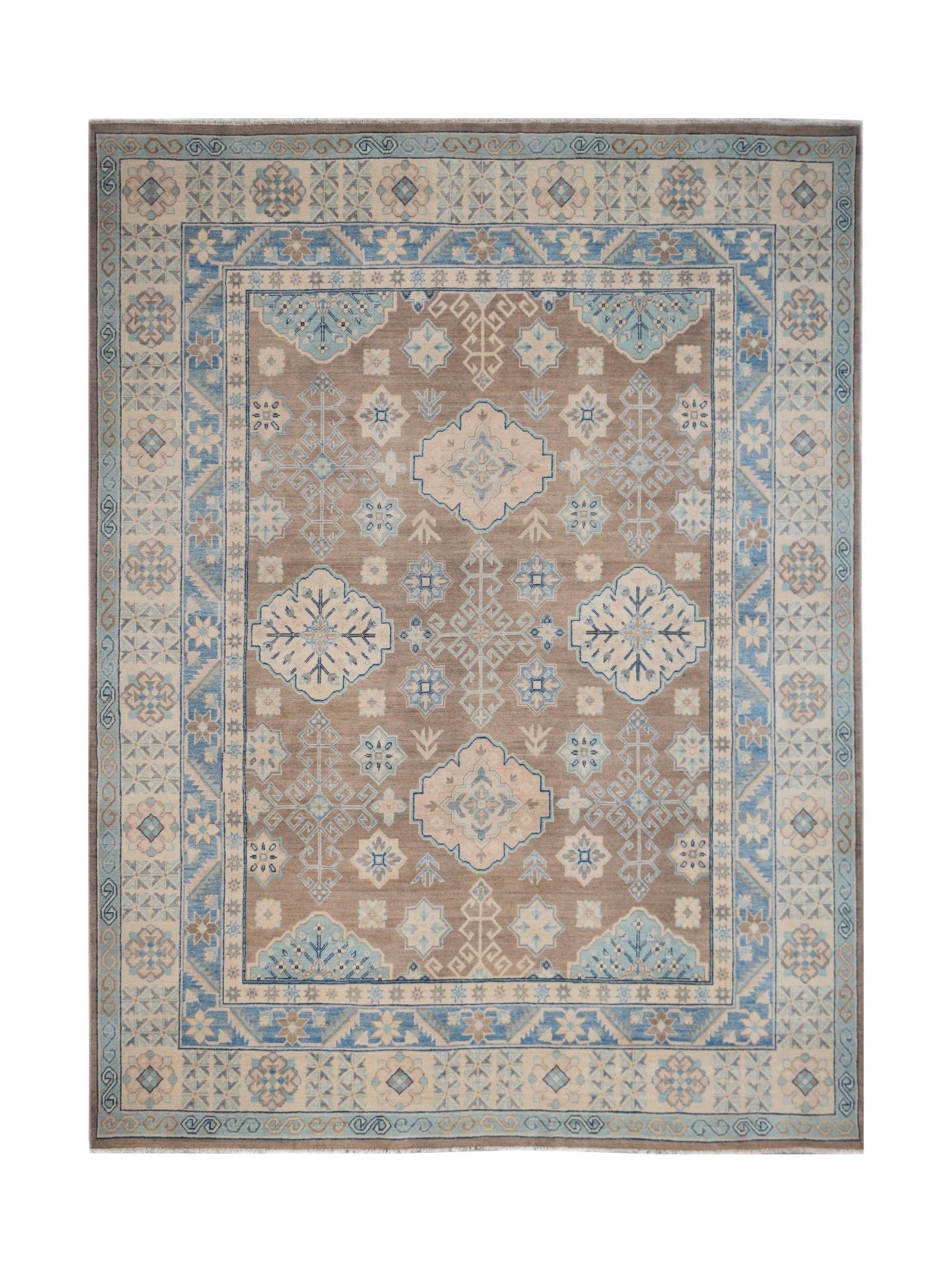 Handmade Afghan Kazakh rug featuring a beige field with blue and cream geometric floral motifs.