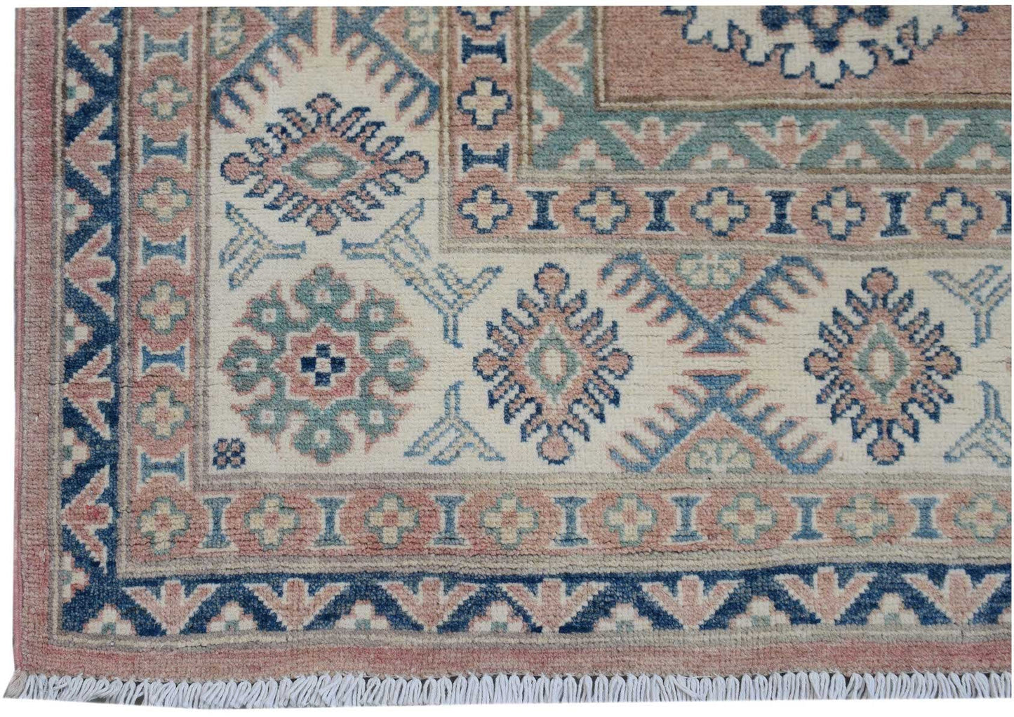 Handmade Afghan Kazakh rug featuring traditional geometric motifs in blue, pink, and cream tones.
