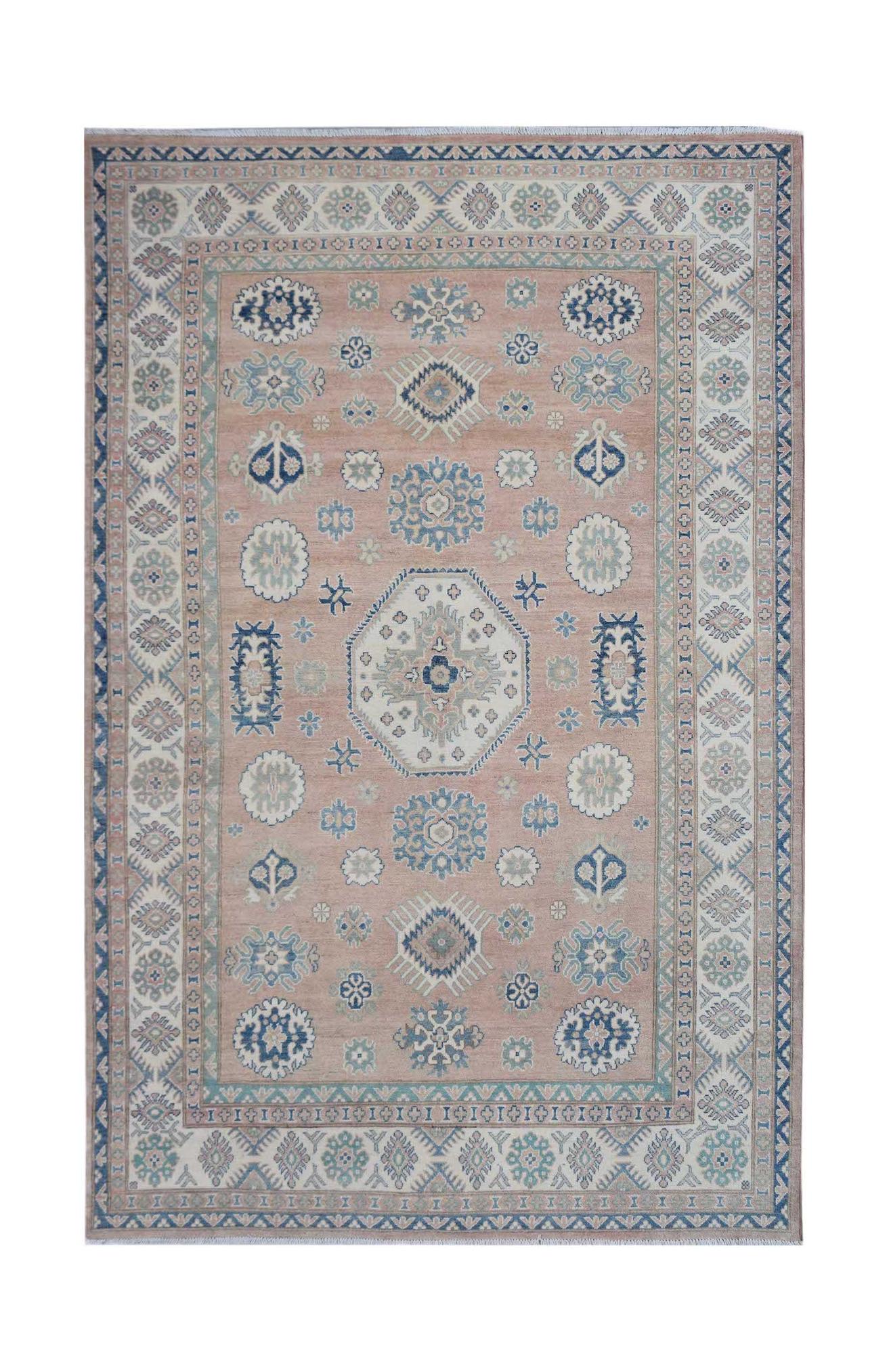 Handmade Afghan Kazakh rug featuring traditional blue and cream geometric motifs on a pink field.