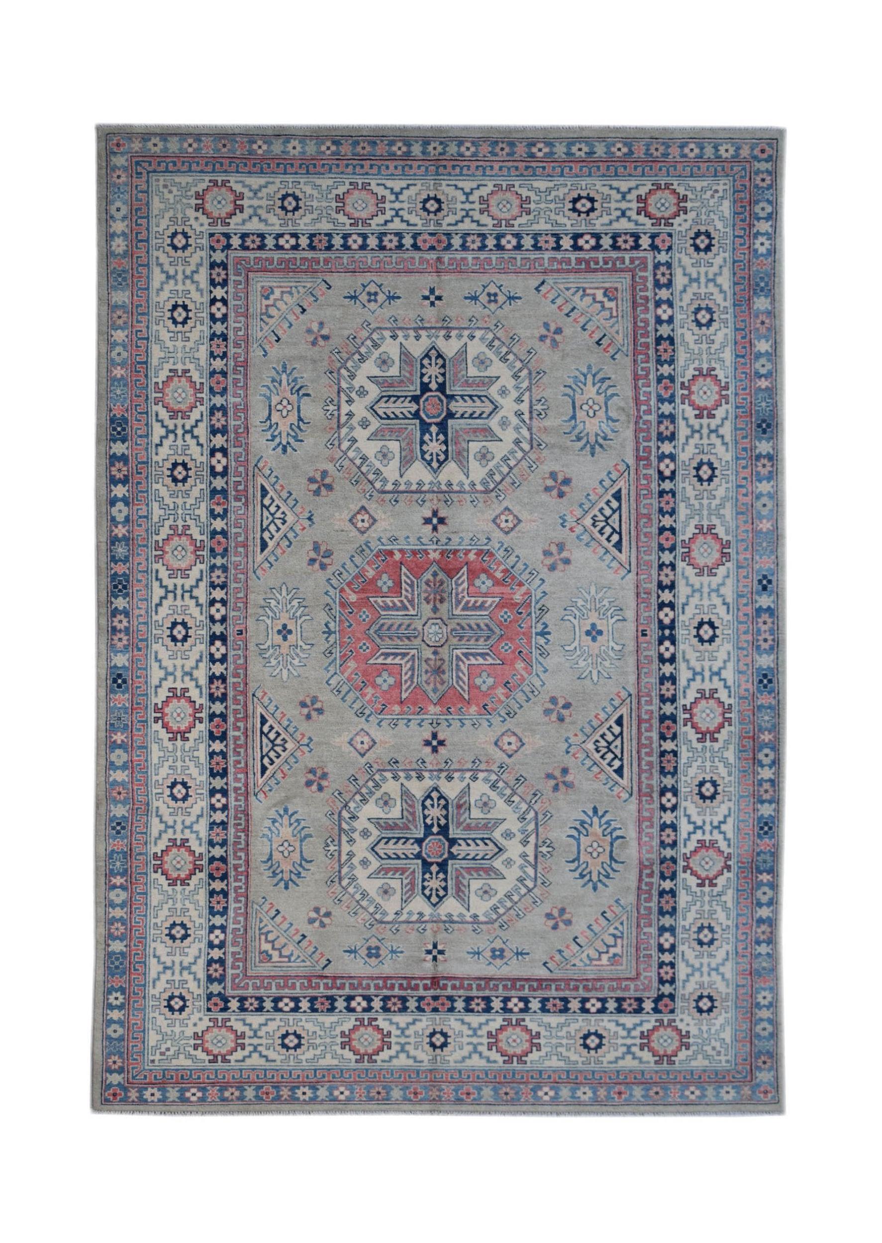 Handmade Afghan Kazakh rug featuring traditional geometric motifs in blue, red, and grey wool.
