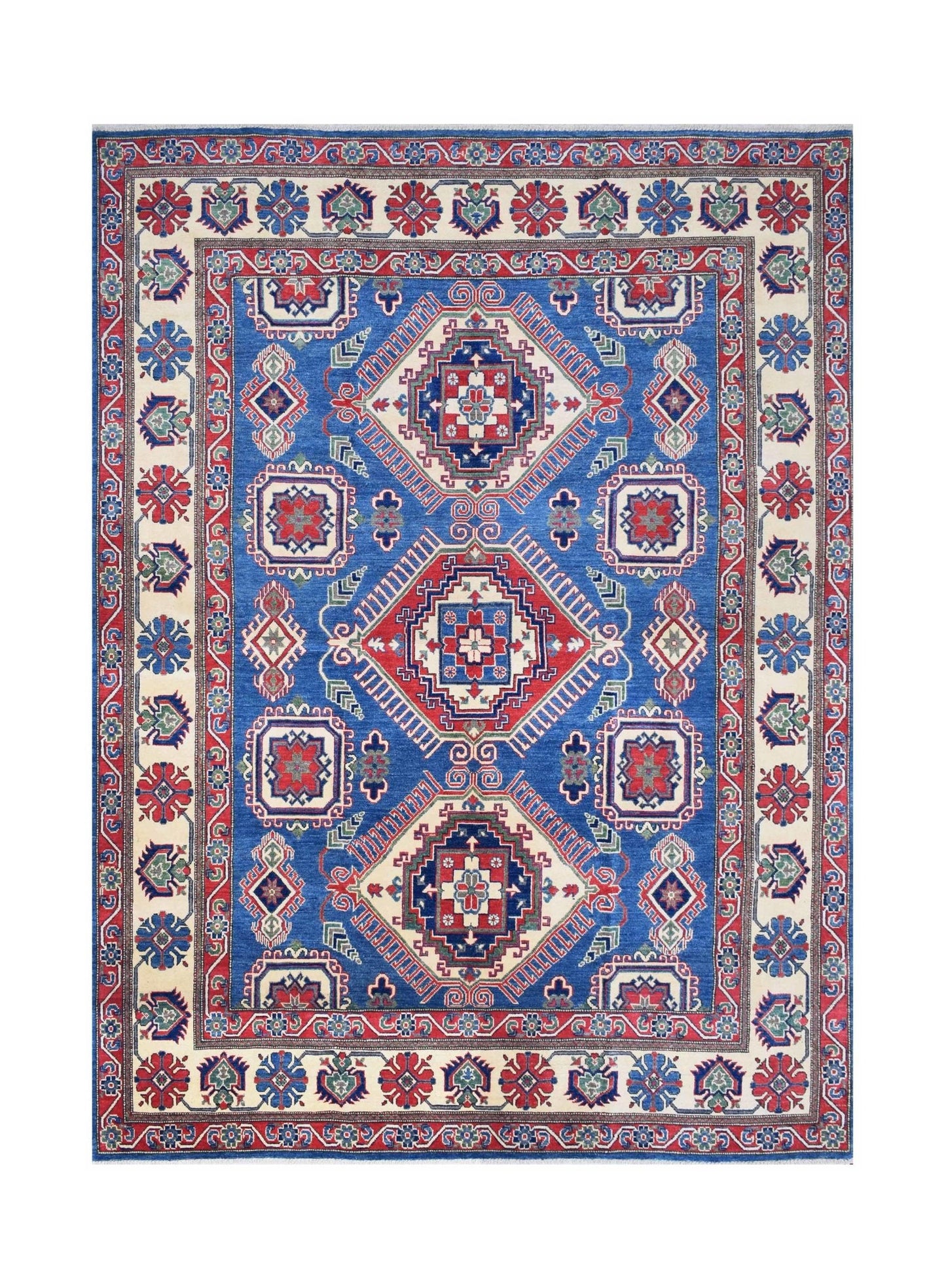 Handmade Afghan Kazakh rug featuring a blue field with geometric medallions in red and white.