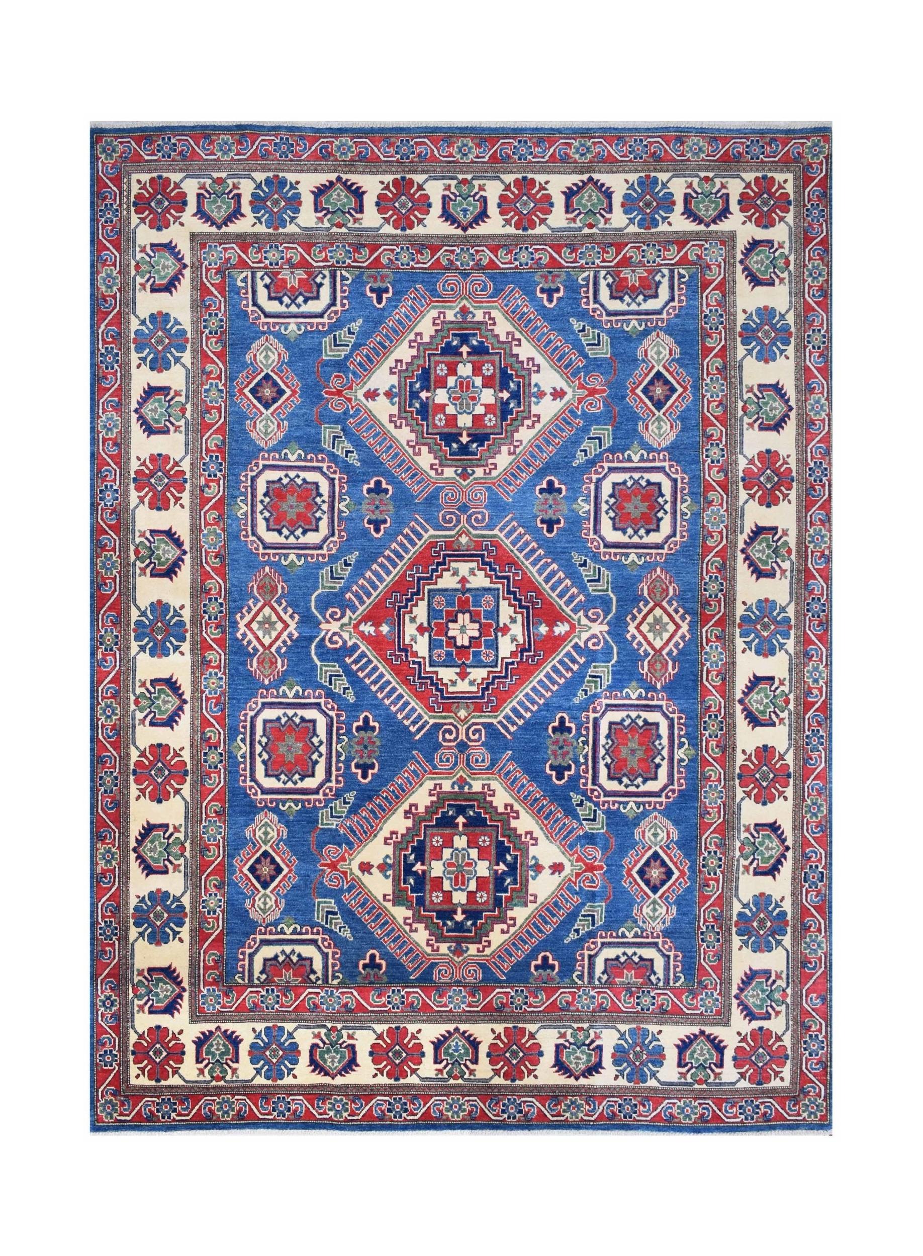 Handmade Afghan Kazakh rug featuring a blue field with geometric medallions in red and white.