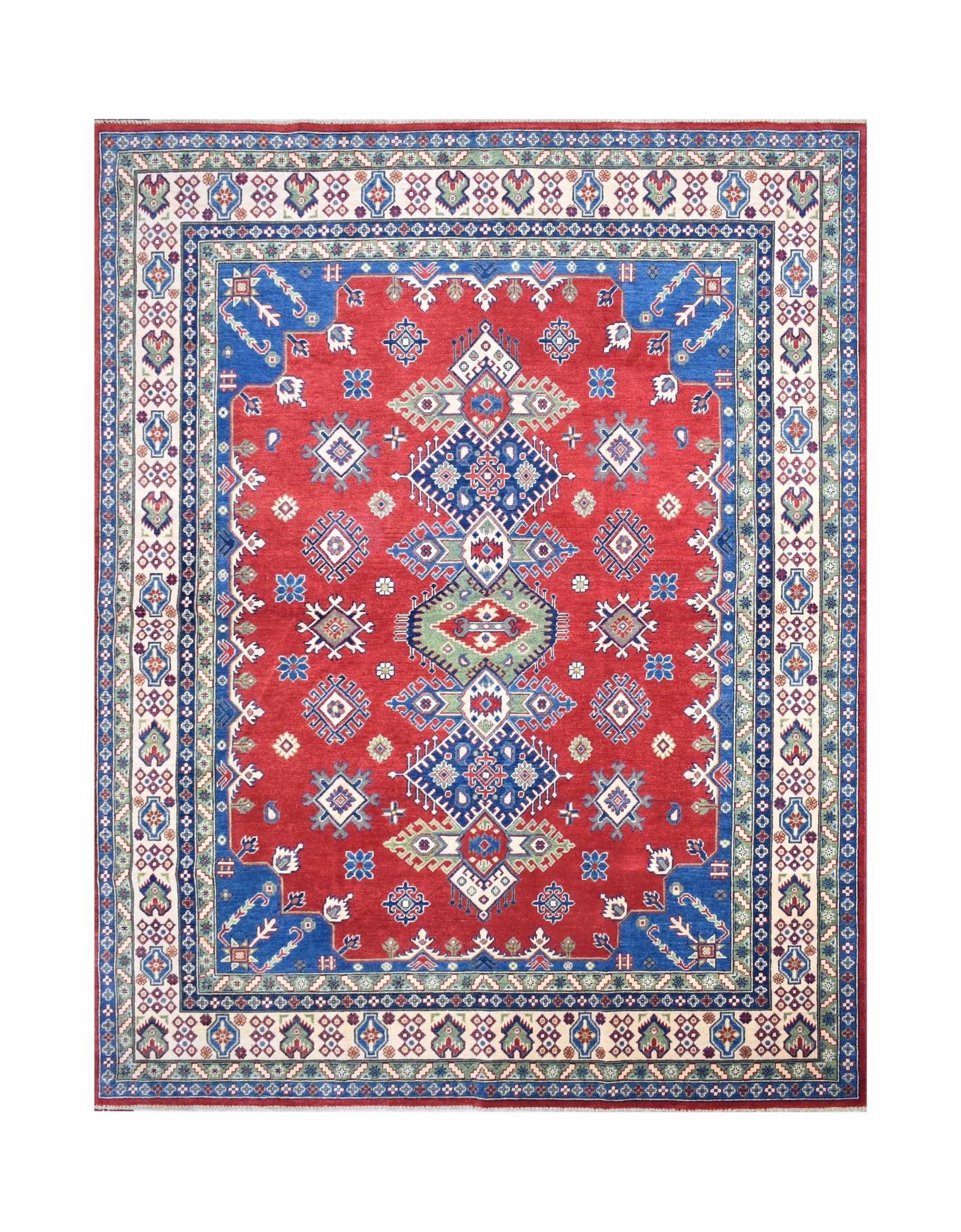 Handmade Afghan Kazakh rug featuring a geometric medallion pattern in red, blue, and green wool.