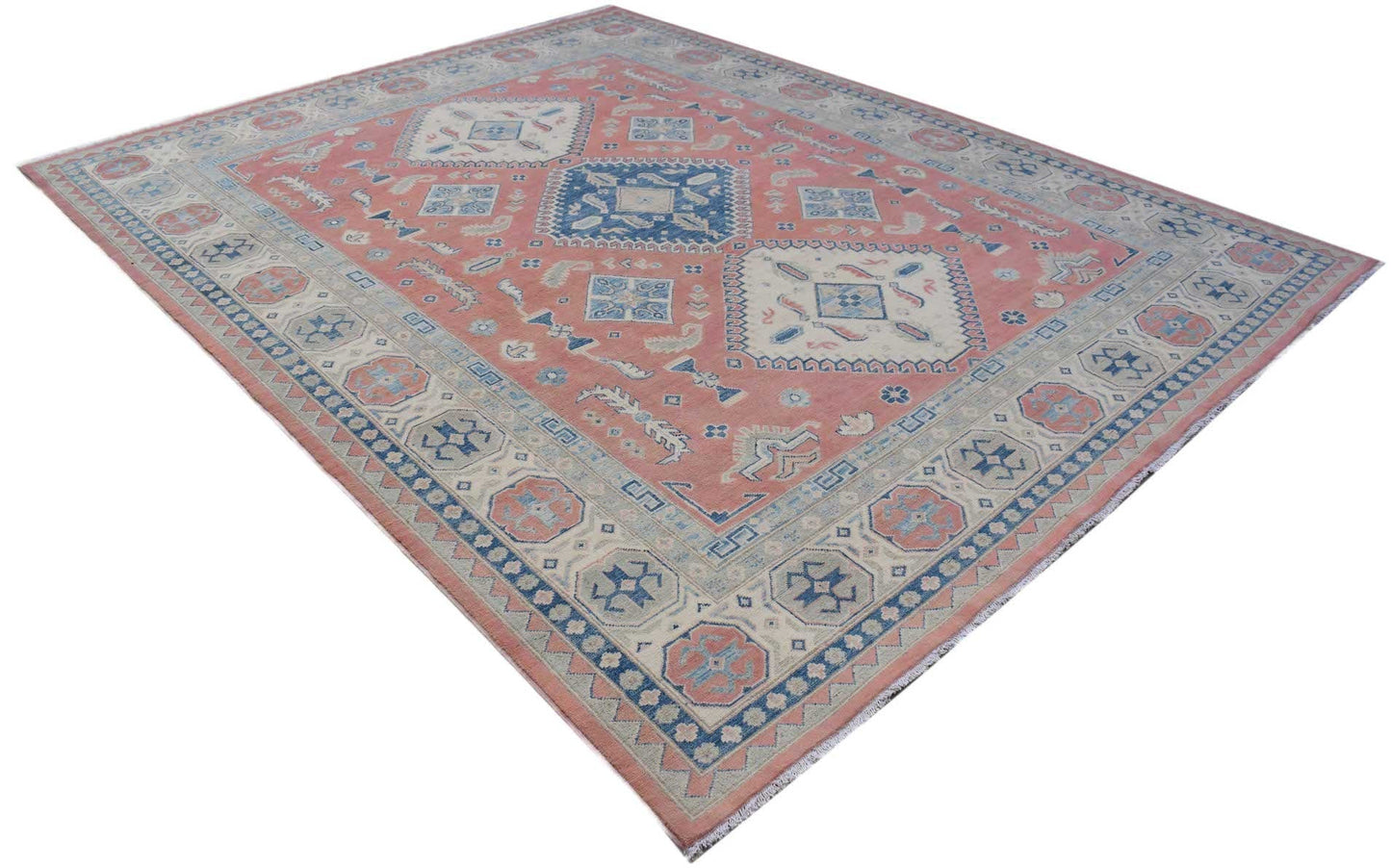 A handmade Afghan Kazakh rug featuring traditional geometric motifs in shades of red and blue.