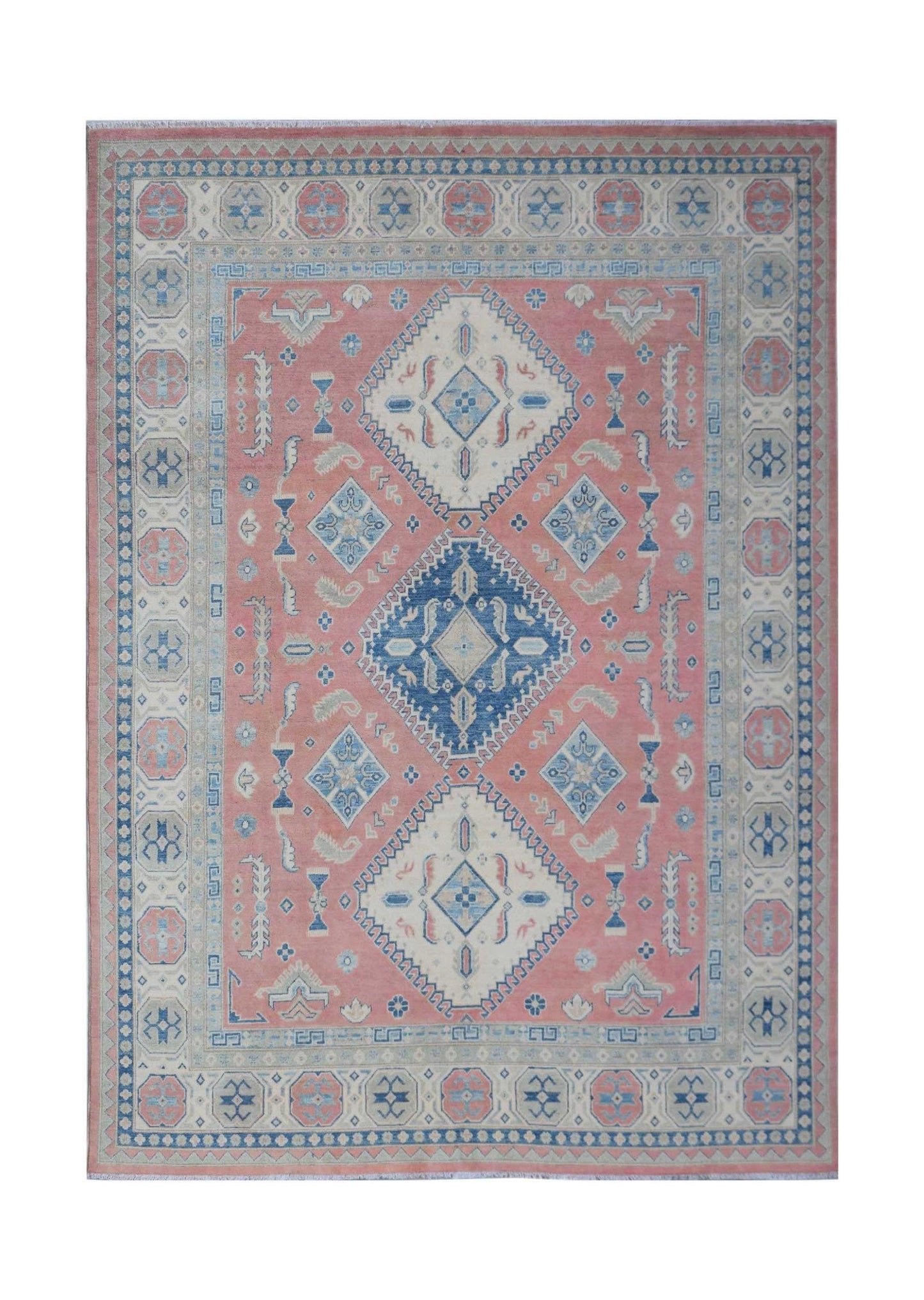 Handmade Afghan Kazakh rug featuring a central blue diamond medallion on a pink field.