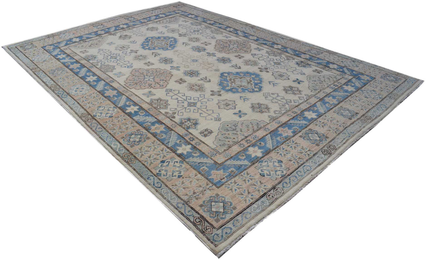 Handmade Afghan Kazakh rug featuring traditional geometric patterns in blue and beige tones.