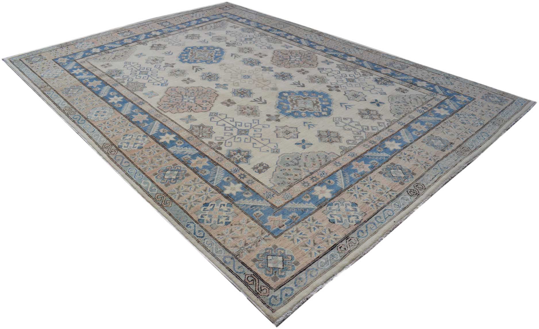 Handmade Afghan Kazakh rug featuring traditional geometric patterns in blue and beige tones.
