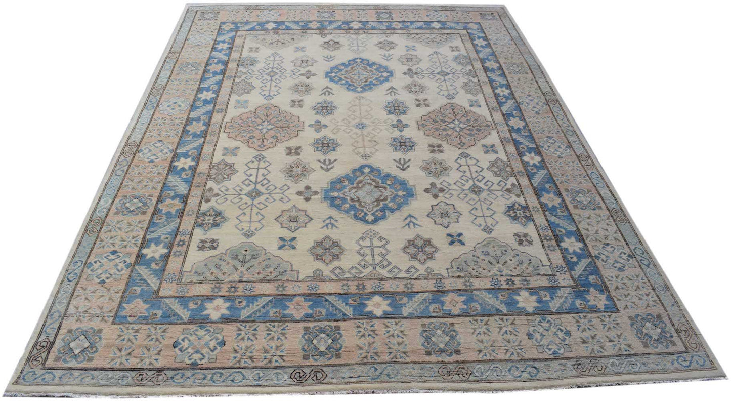 A handmade Afghan Kazakh rug featuring traditional geometric patterns in blue, beige, and pink.
