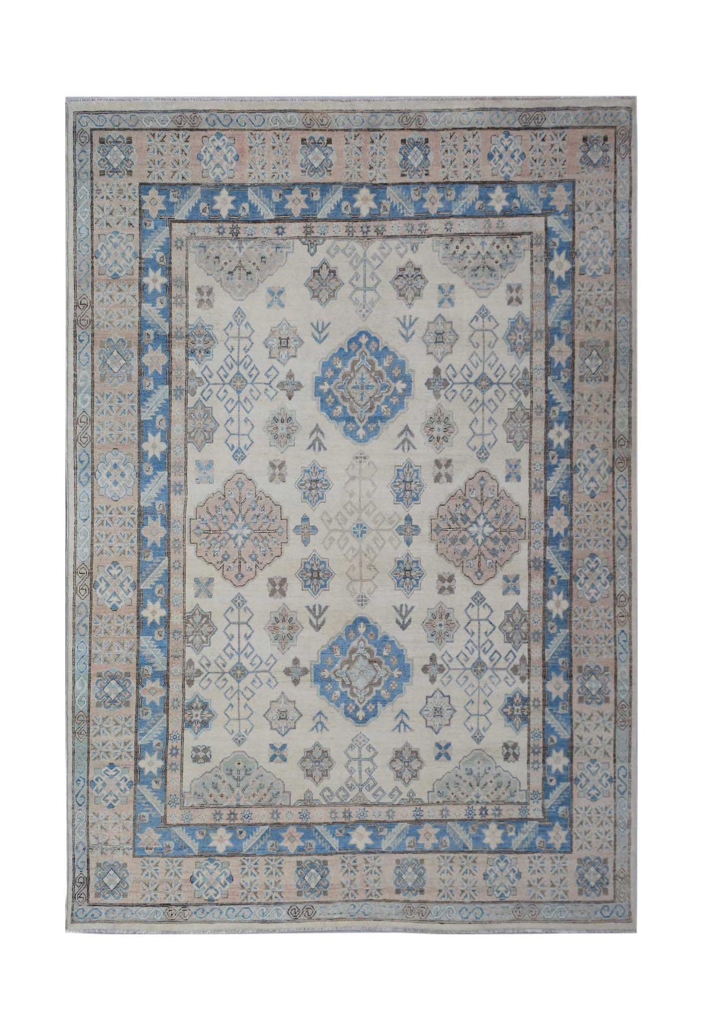 Handmade Afghan Kazakh rug featuring traditional geometric patterns in blue, beige, and soft pink.