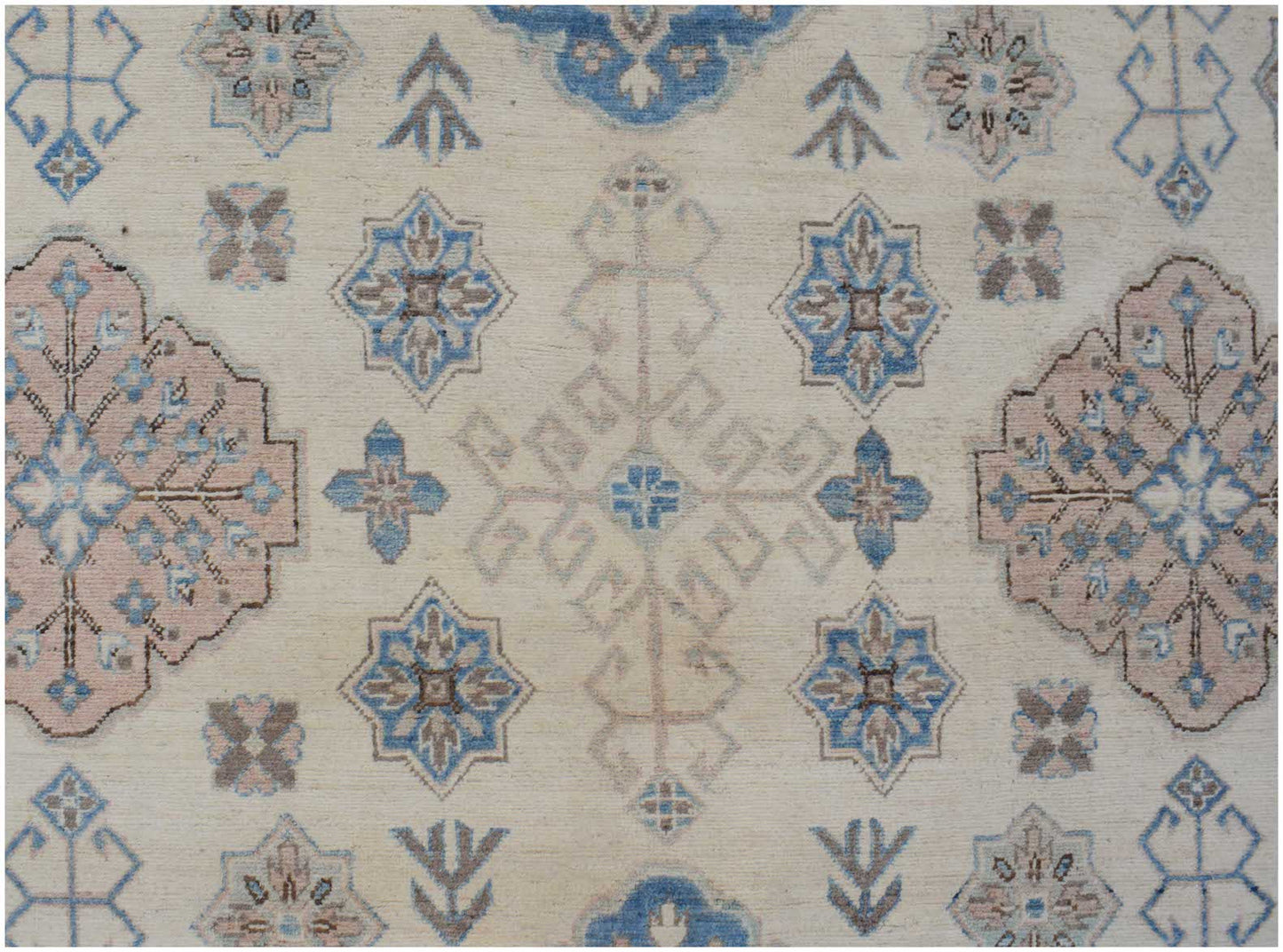 Handmade Afghan Kazakh rug featuring traditional geometric patterns in blue, pink, and cream.