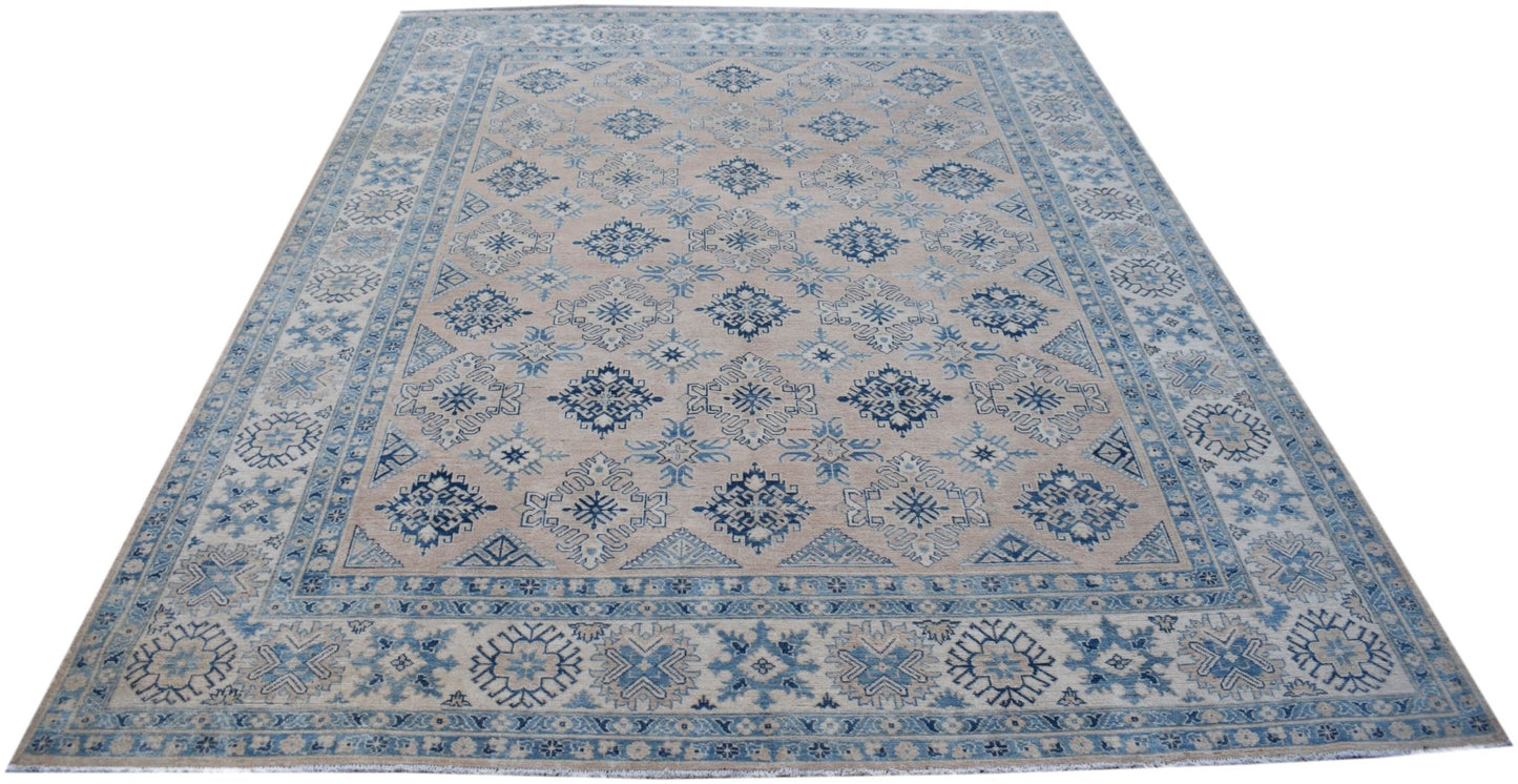 Handmade Afghan Kazakh rug featuring a traditional blue and beige geometric pattern.