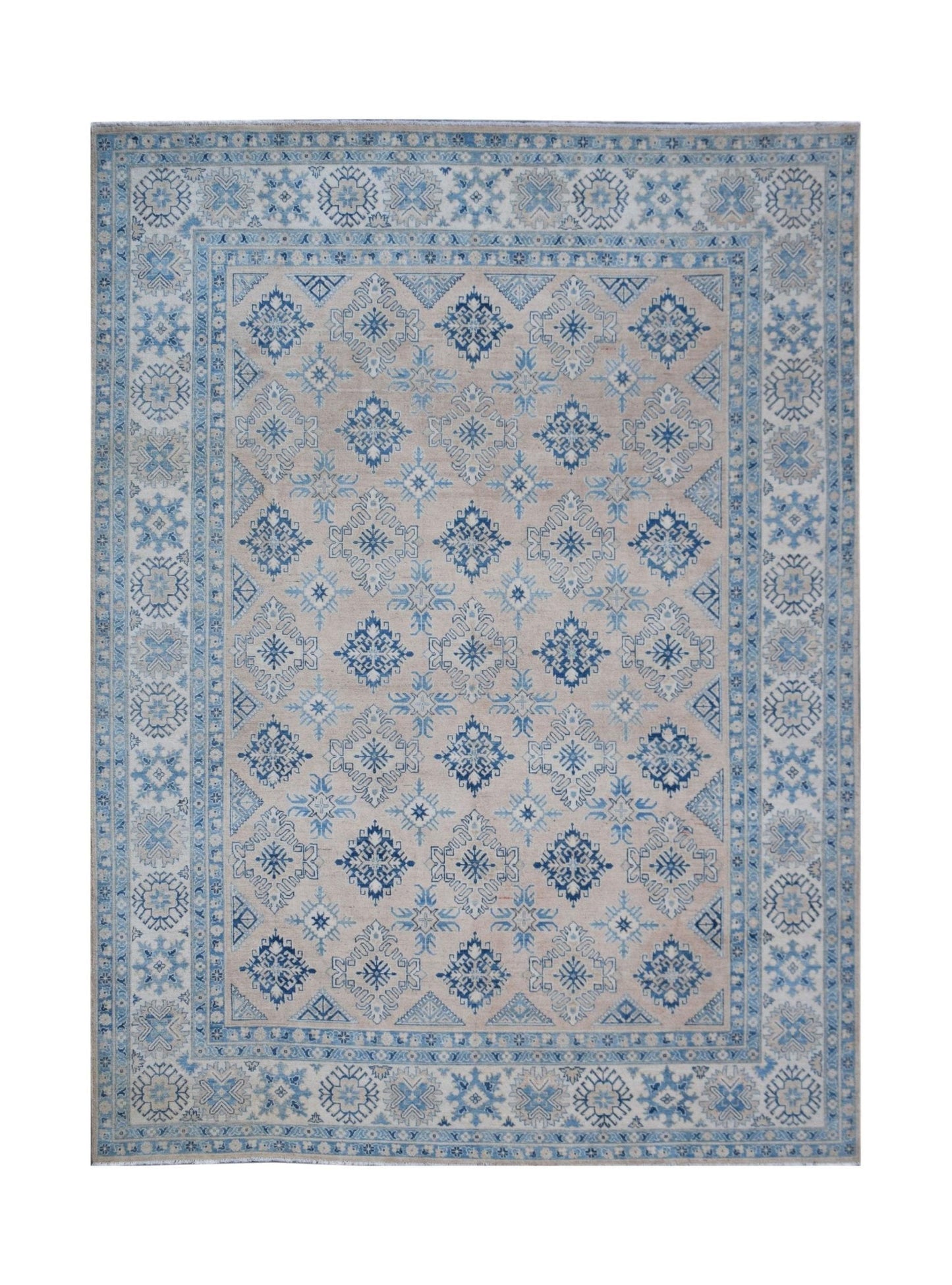 Handmade Afghan Kazakh rug featuring a traditional blue and beige geometric pattern.