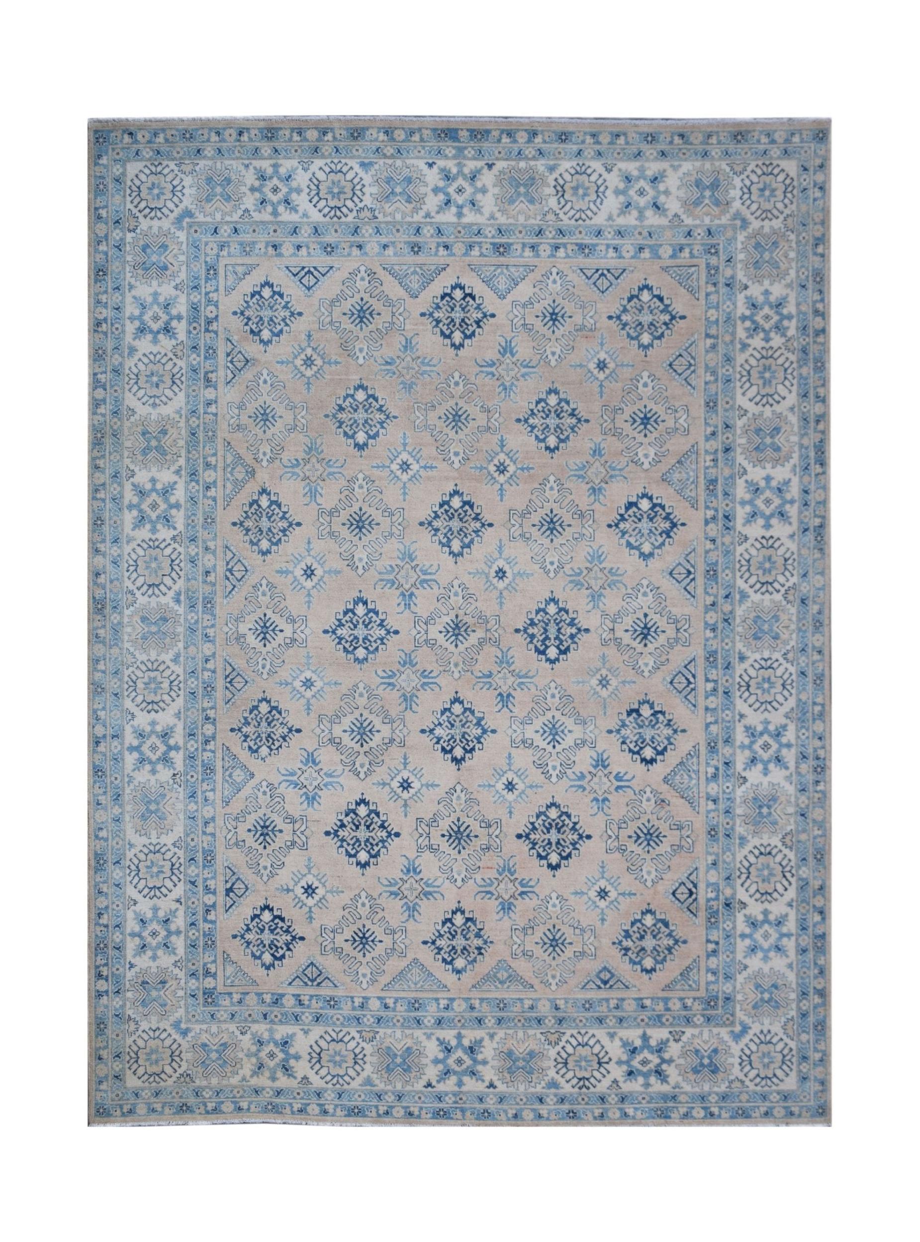 Handmade Afghan Kazakh rug featuring a traditional blue and beige geometric pattern.