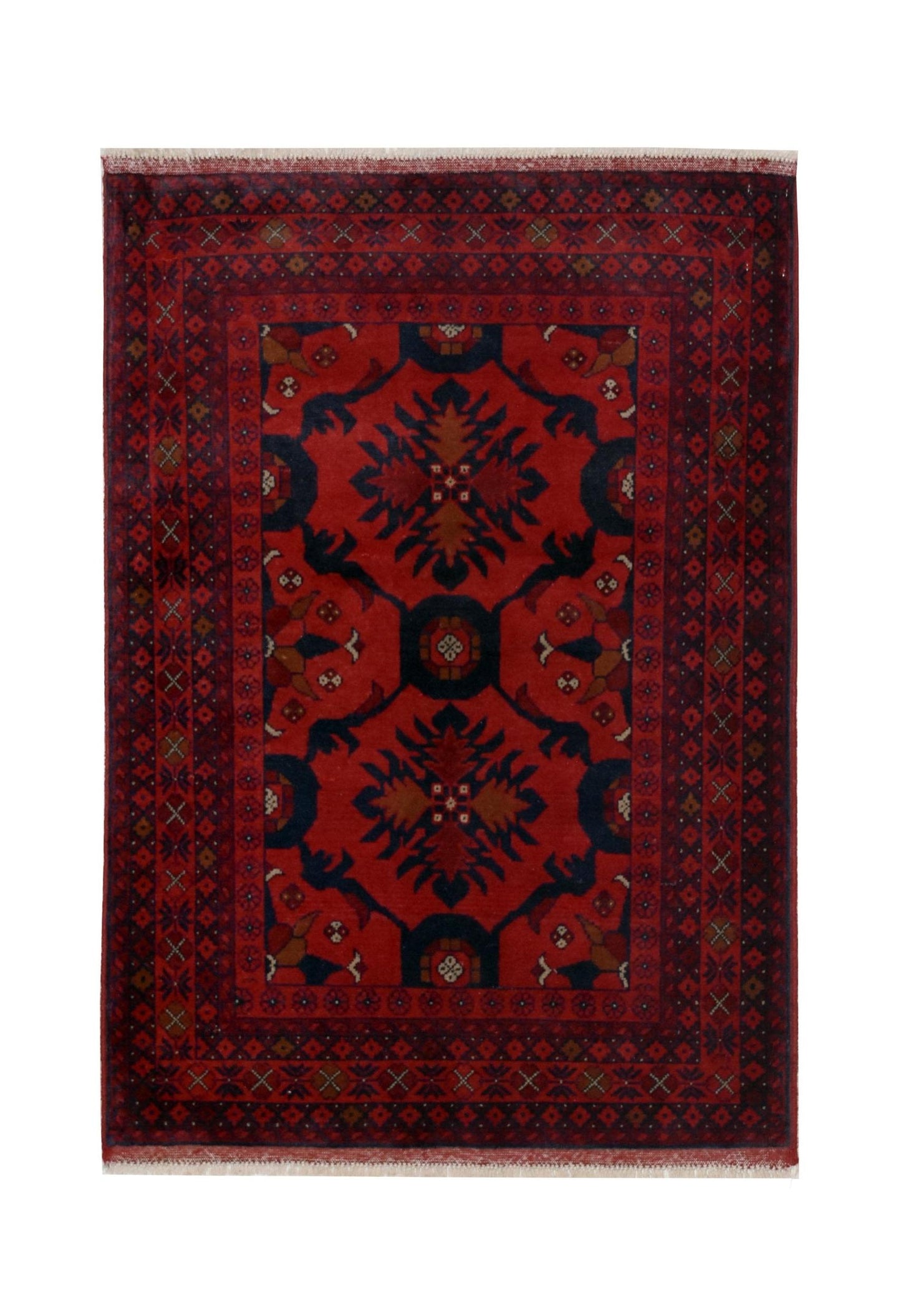 Handmade Afghan Khal Mohammadi wool rug featuring deep red tones and geometric patterns.
