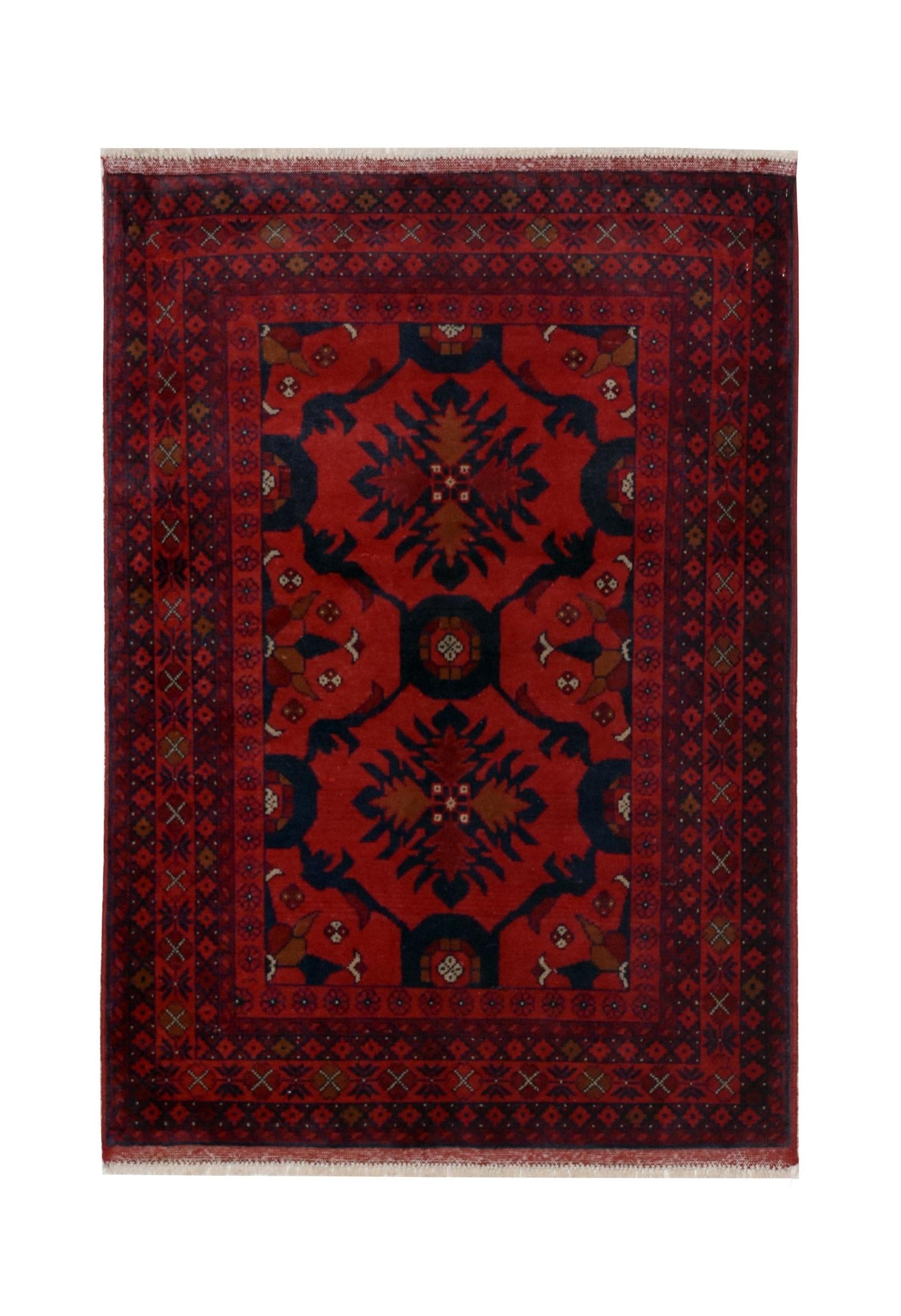 Handmade Afghan Khal Mohammadi wool rug featuring deep red tones and geometric patterns.