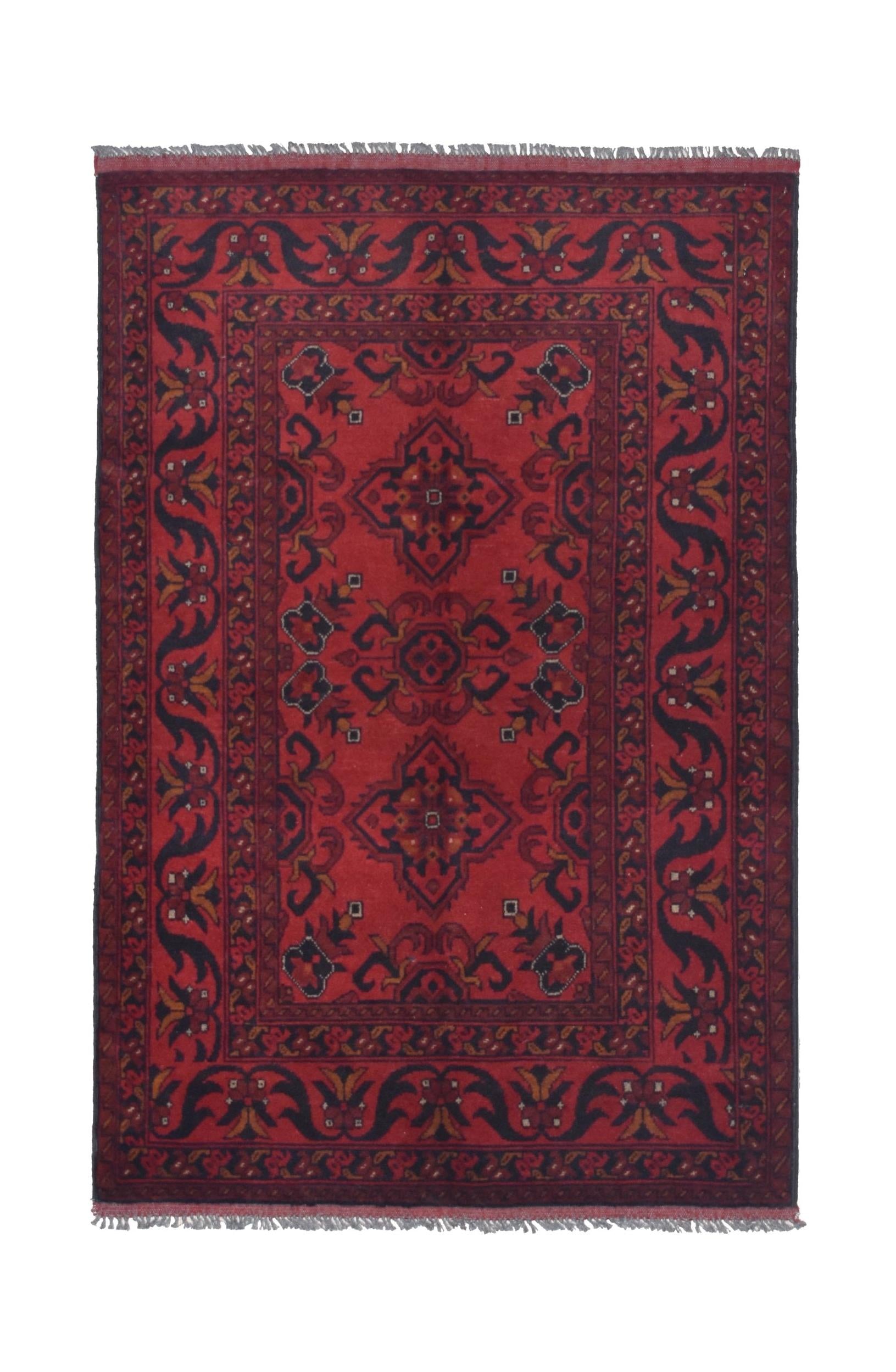 Handmade Afghan Khal Mohammadi wool rug featuring deep red tones and geometric patterns.