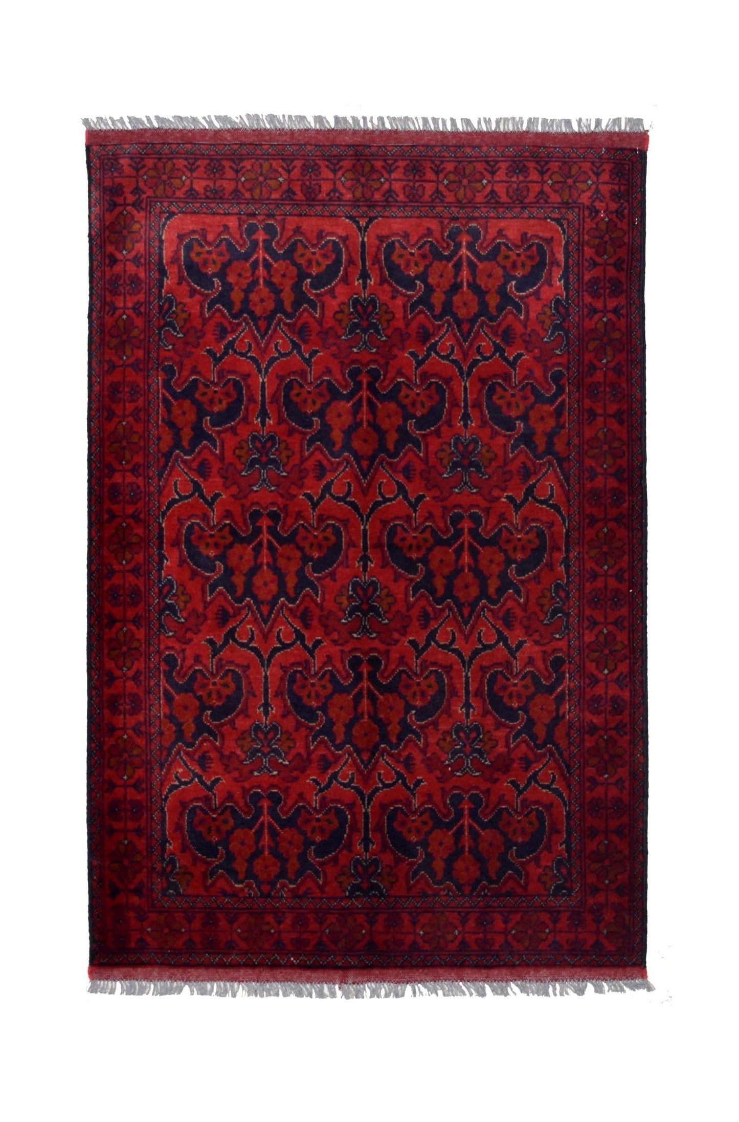Handmade Afghan Khal Mohammadi wool rug featuring a deep red field with dark blue floral patterns.