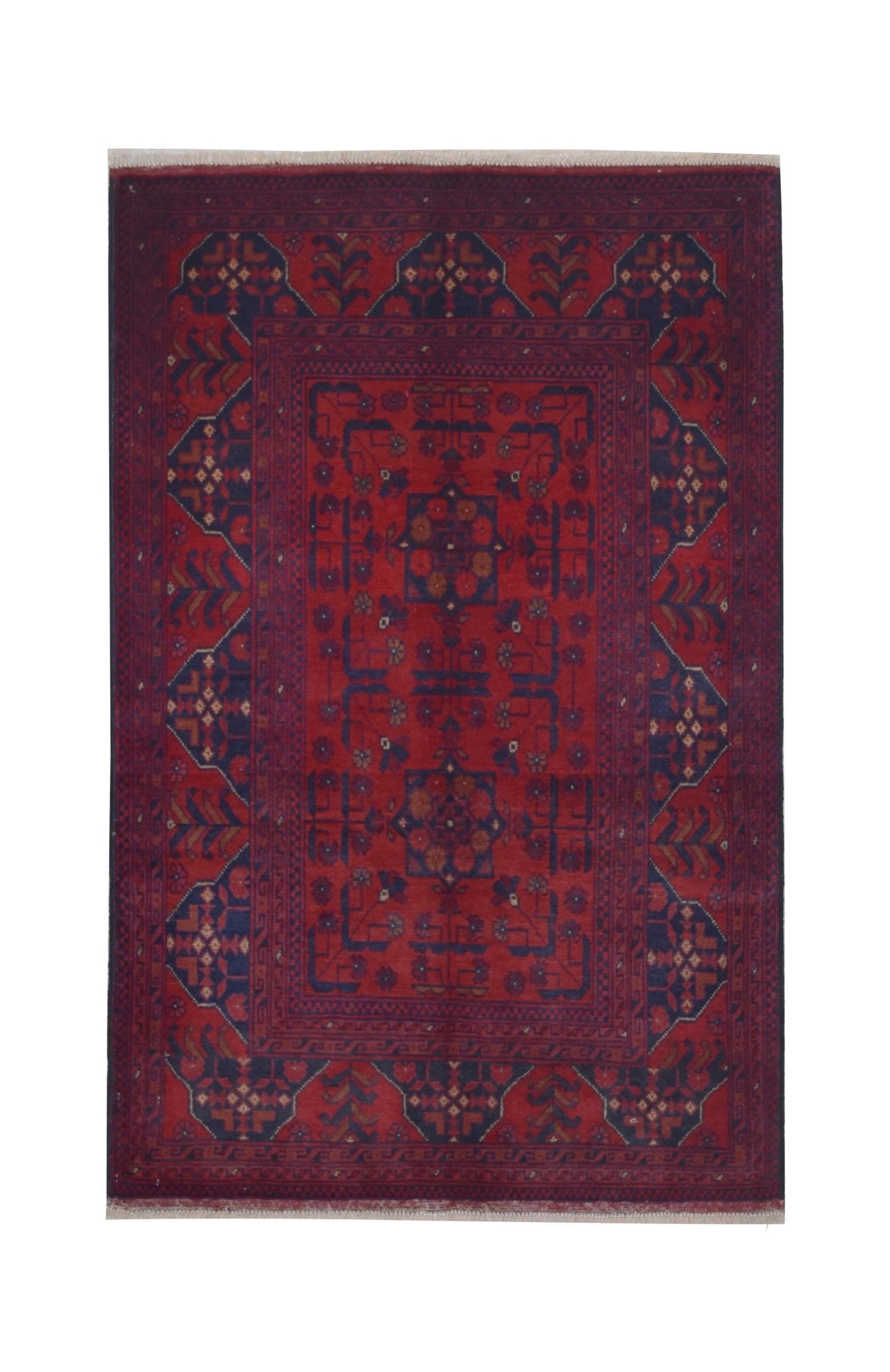 Handmade Afghan Khal Mohammadi wool rug featuring deep red tones and intricate geometric patterns.