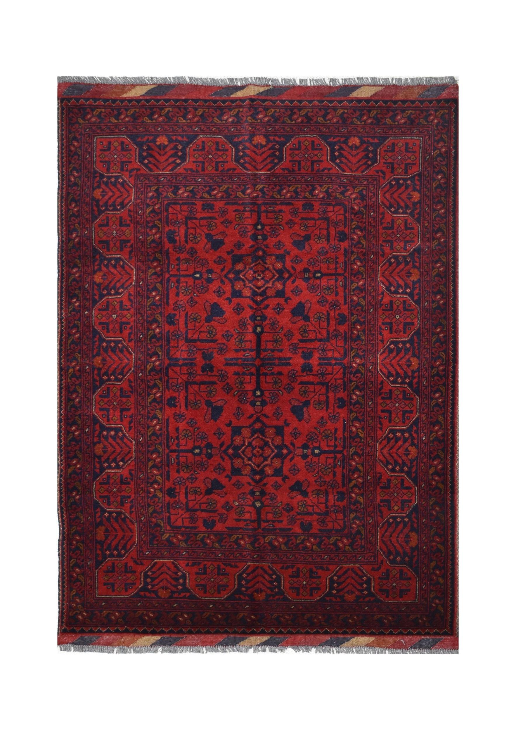 Handmade Afghan Khal Mohammadi wool rug featuring a deep red field with geometric blue patterns.