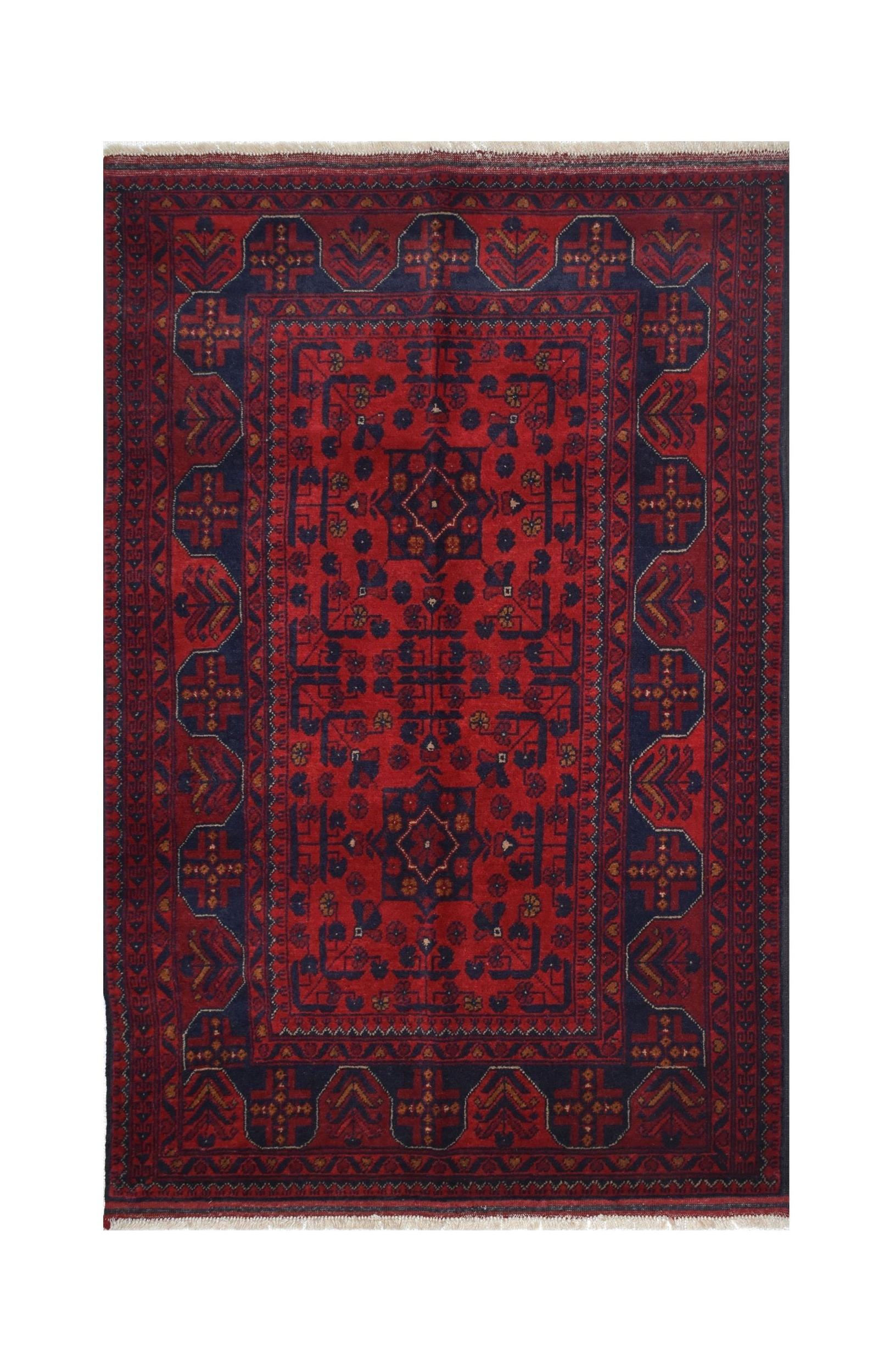 Handmade Afghan Khal Mohammadi wool rug featuring deep red tones and geometric patterns.