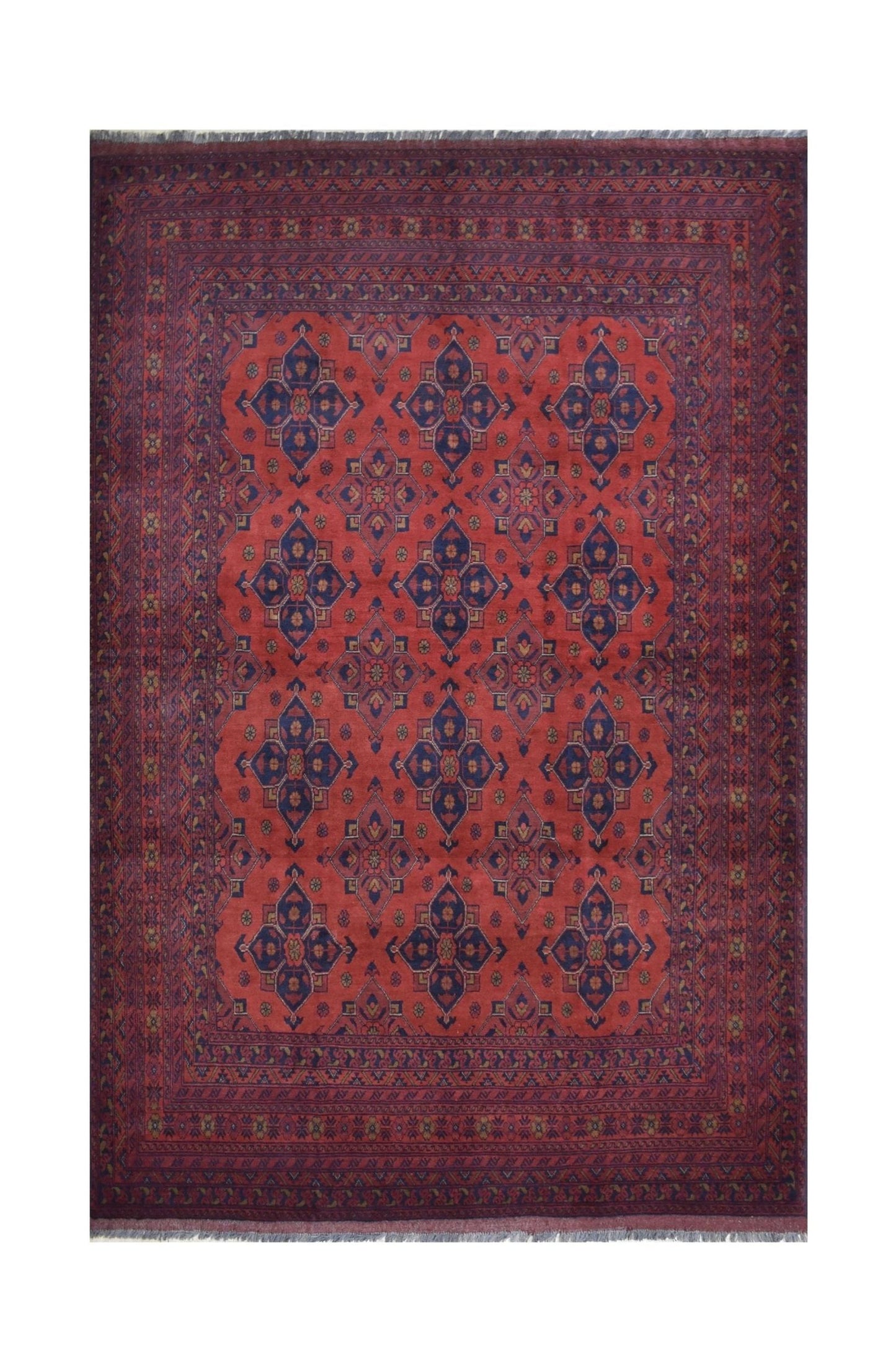 Handmade Afghan Khal Mohammadi wool rug featuring a deep red field with blue geometric motifs.