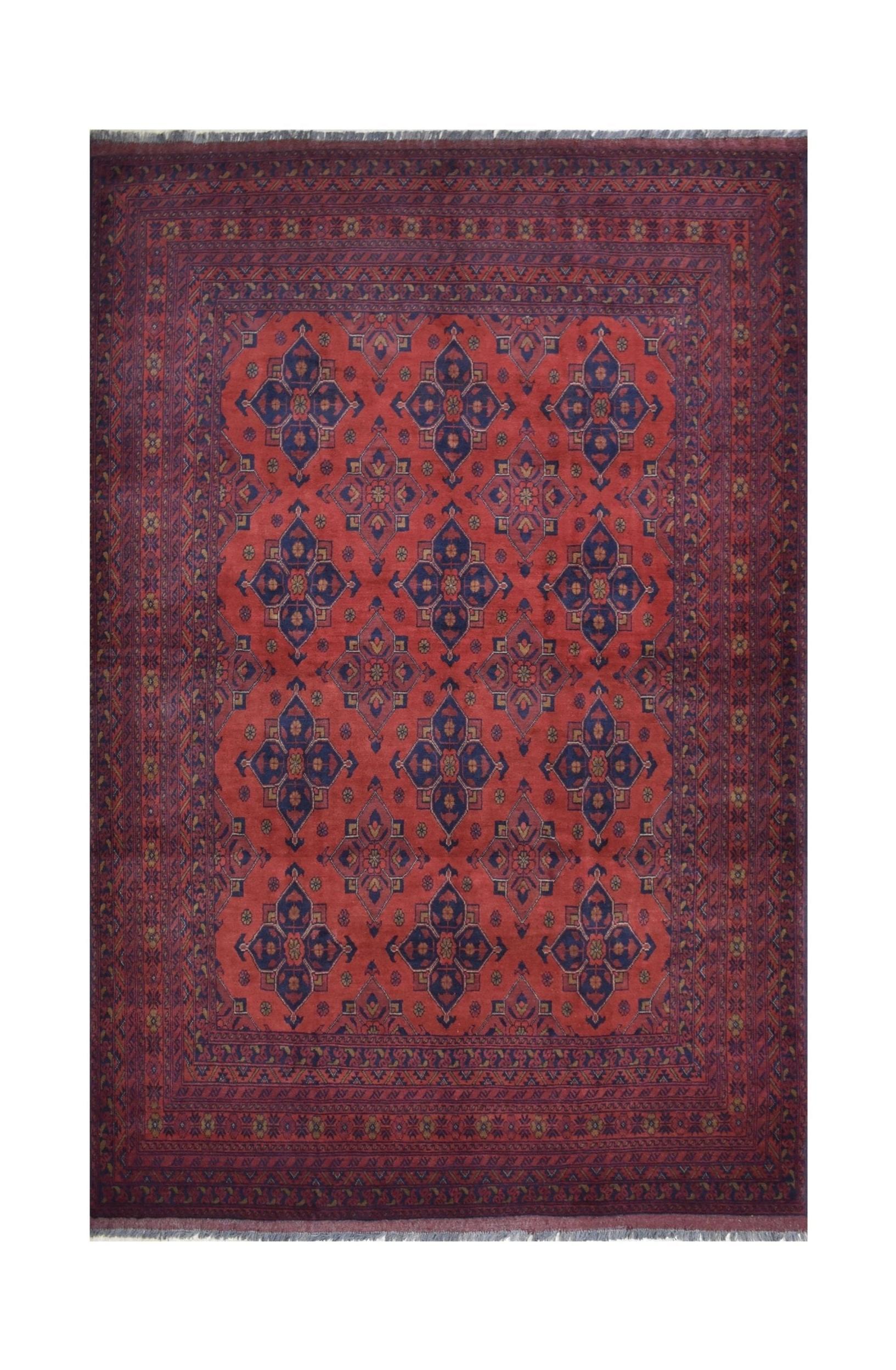 Handmade Afghan Khal Mohammadi wool rug featuring a deep red field with blue geometric motifs.
