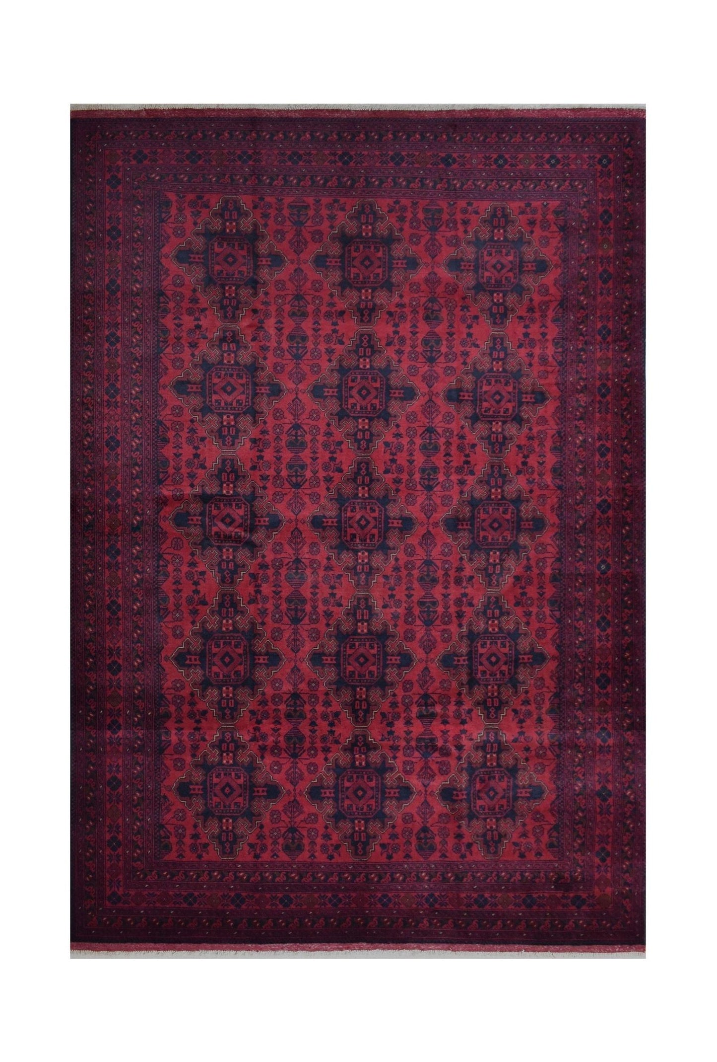 Handmade Afghan Khal Mohammadi wool rug featuring a deep red field with geometric blue patterns.