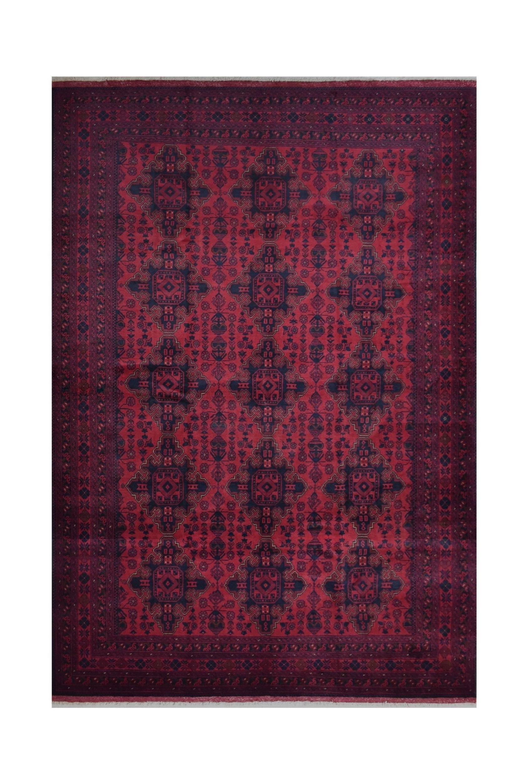 Handmade Afghan Khal Mohammadi wool rug featuring a deep red field with geometric blue patterns.