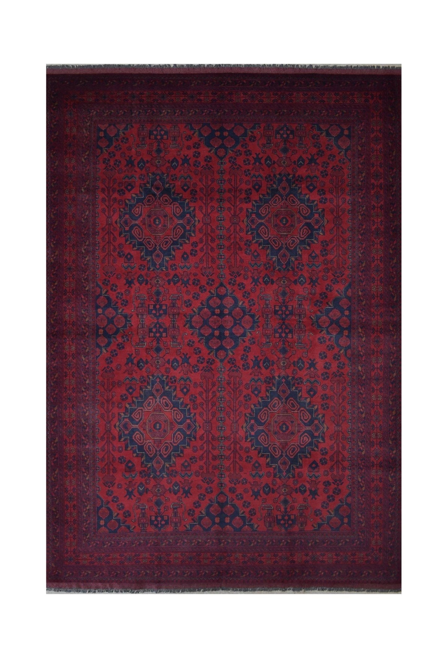 Handmade Afghan Khal Mohammadi wool rug featuring deep red tones and dark blue geometric patterns.