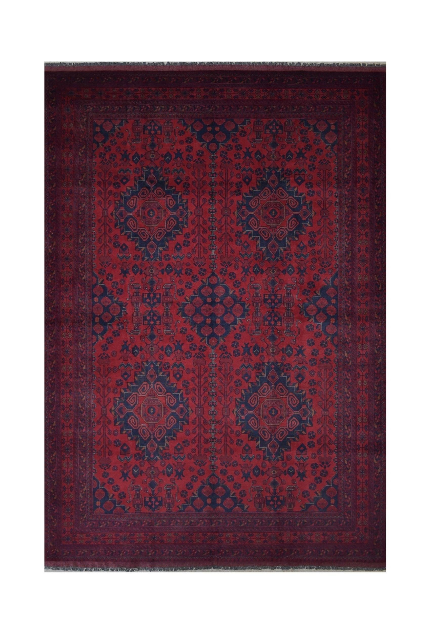 Handmade Afghan Khal Mohammadi wool rug featuring deep red tones and dark blue geometric patterns.