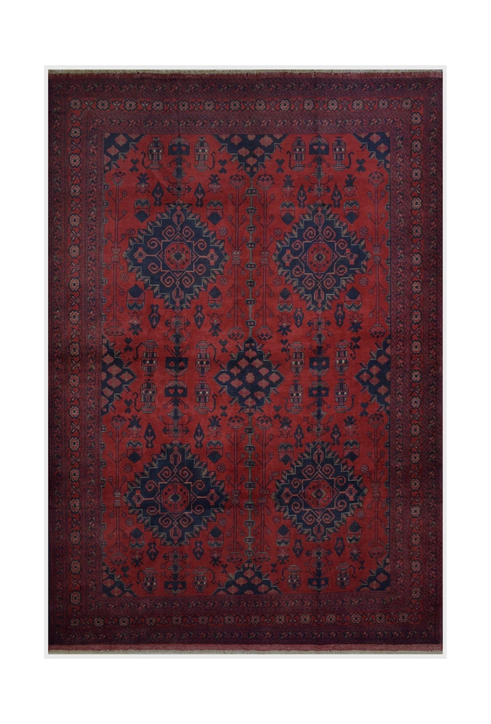 Handmade Afghan Khal Mohammadi wool rug featuring deep red tones and dark blue geometric patterns.