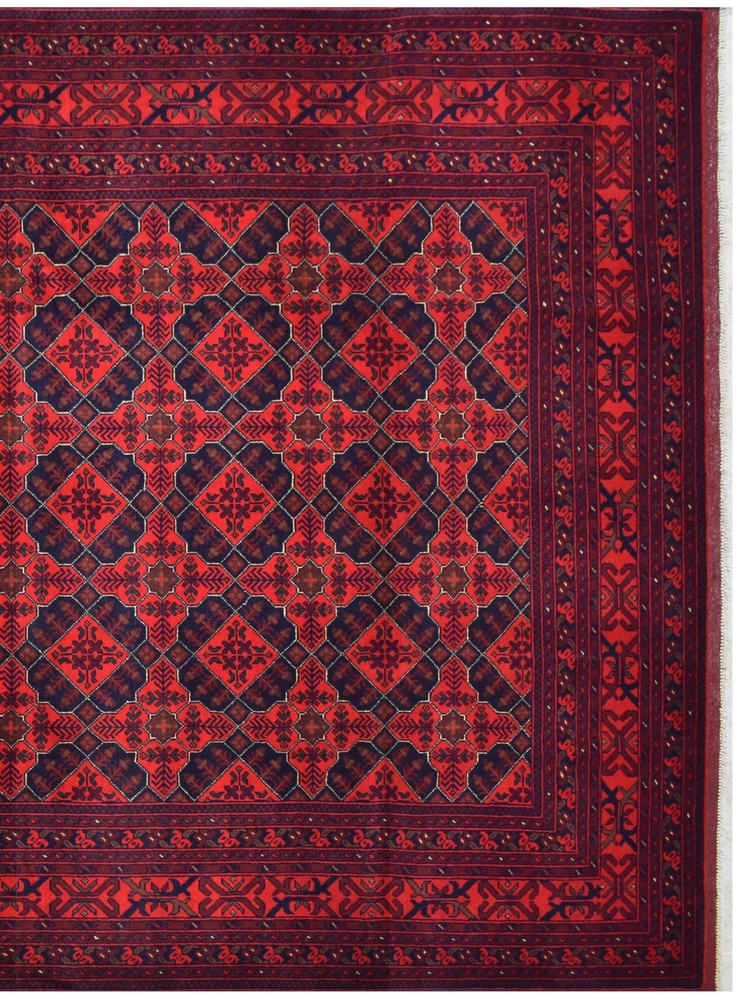 Handmade Afghan Khal Mohammadi wool rug featuring a geometric pattern in deep red and blue tones.