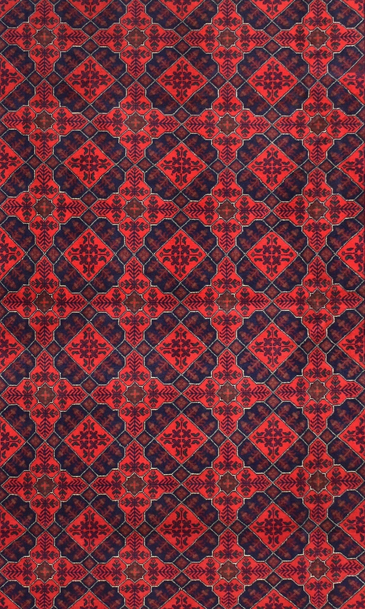 Handmade Afghan Khal Mohammadi wool rug featuring a repeating geometric pattern in red and blue.