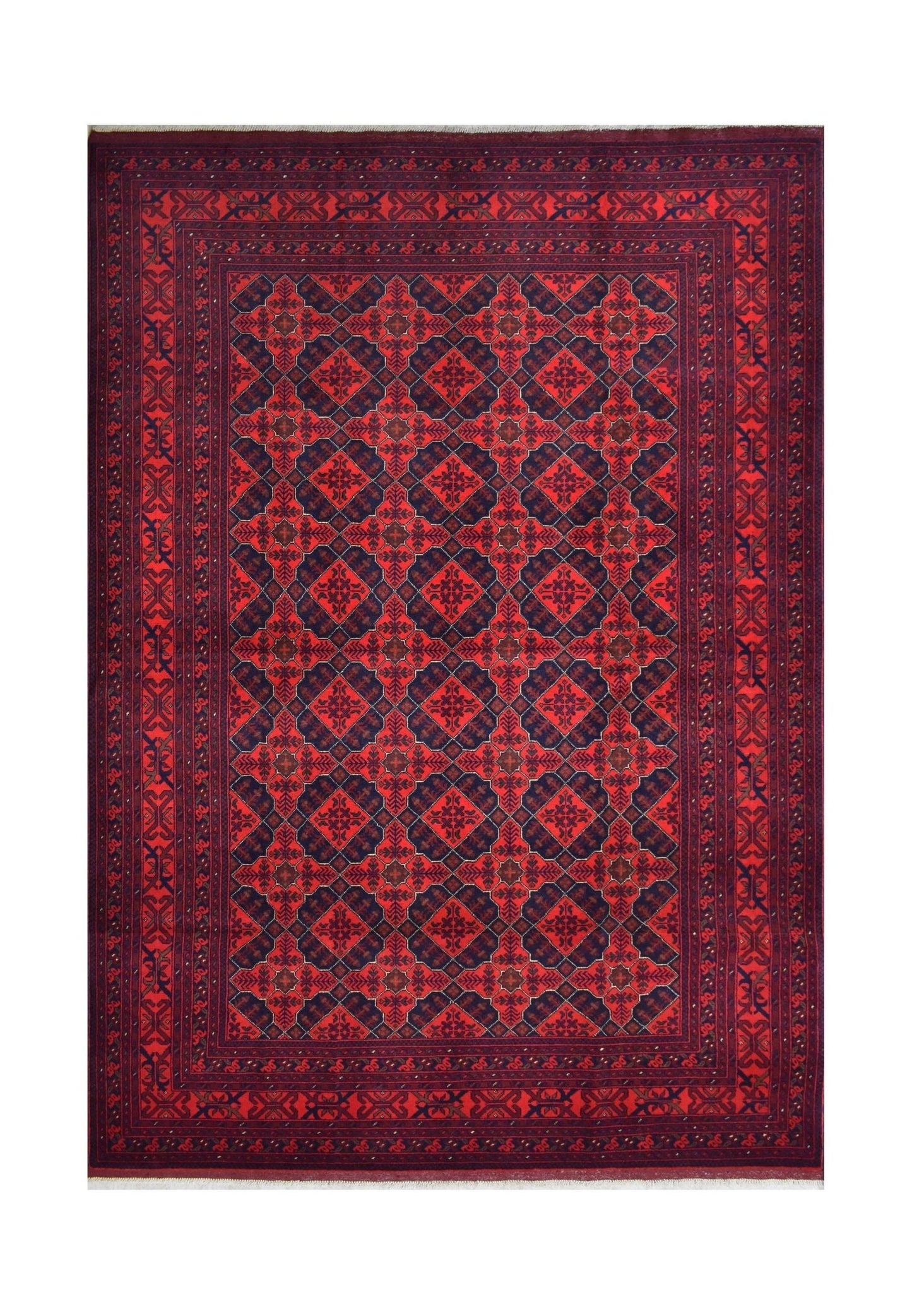 Handmade Afghan Khal Mohammadi wool rug featuring a geometric pattern in deep red and blue tones.