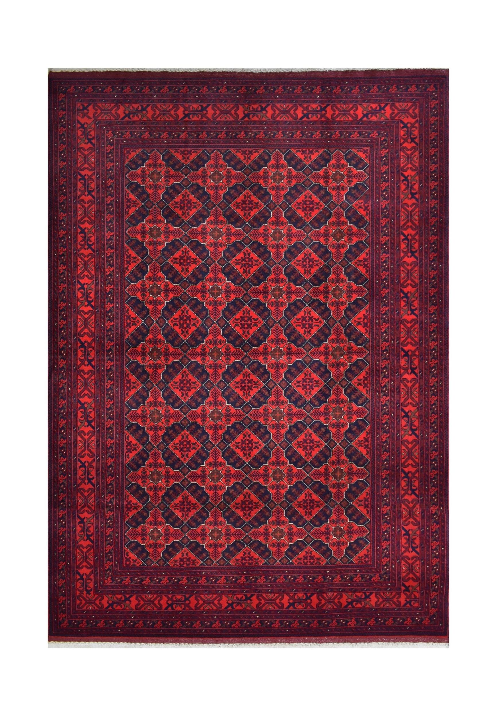 Handmade Afghan Khal Mohammadi wool rug featuring a geometric pattern in deep red and blue tones.